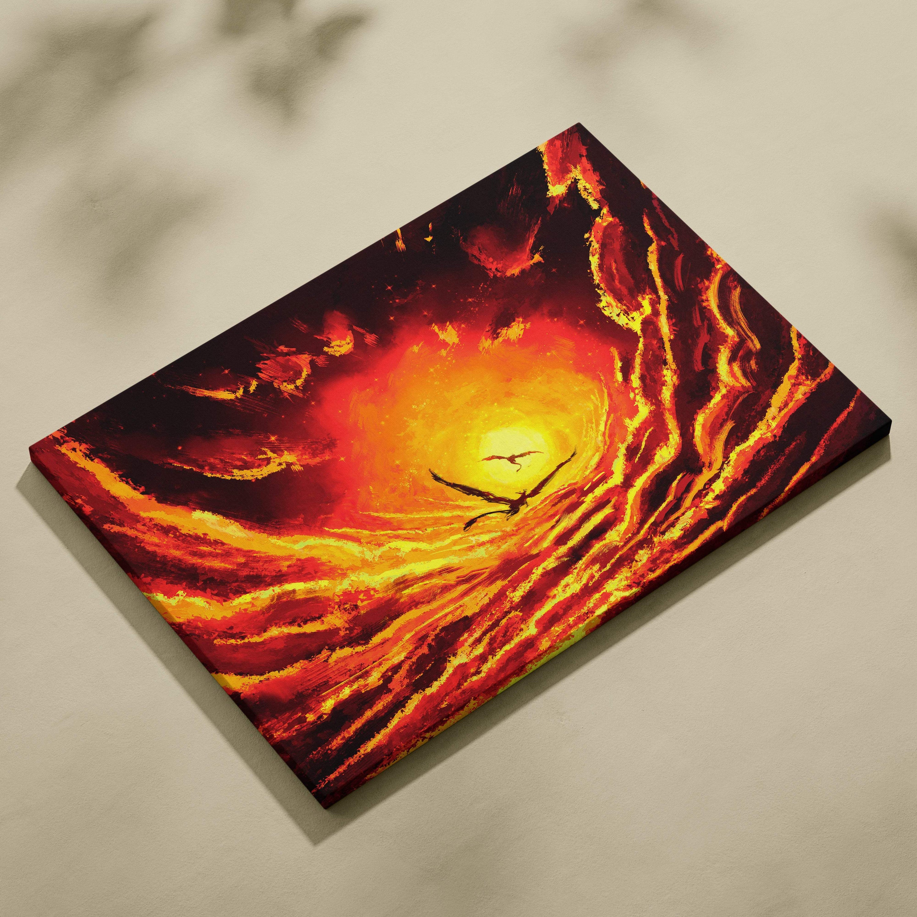 Fiery sunset sky canvas wall art with a vibrant red and orange swirling vortex and silhouetted flying dragon design