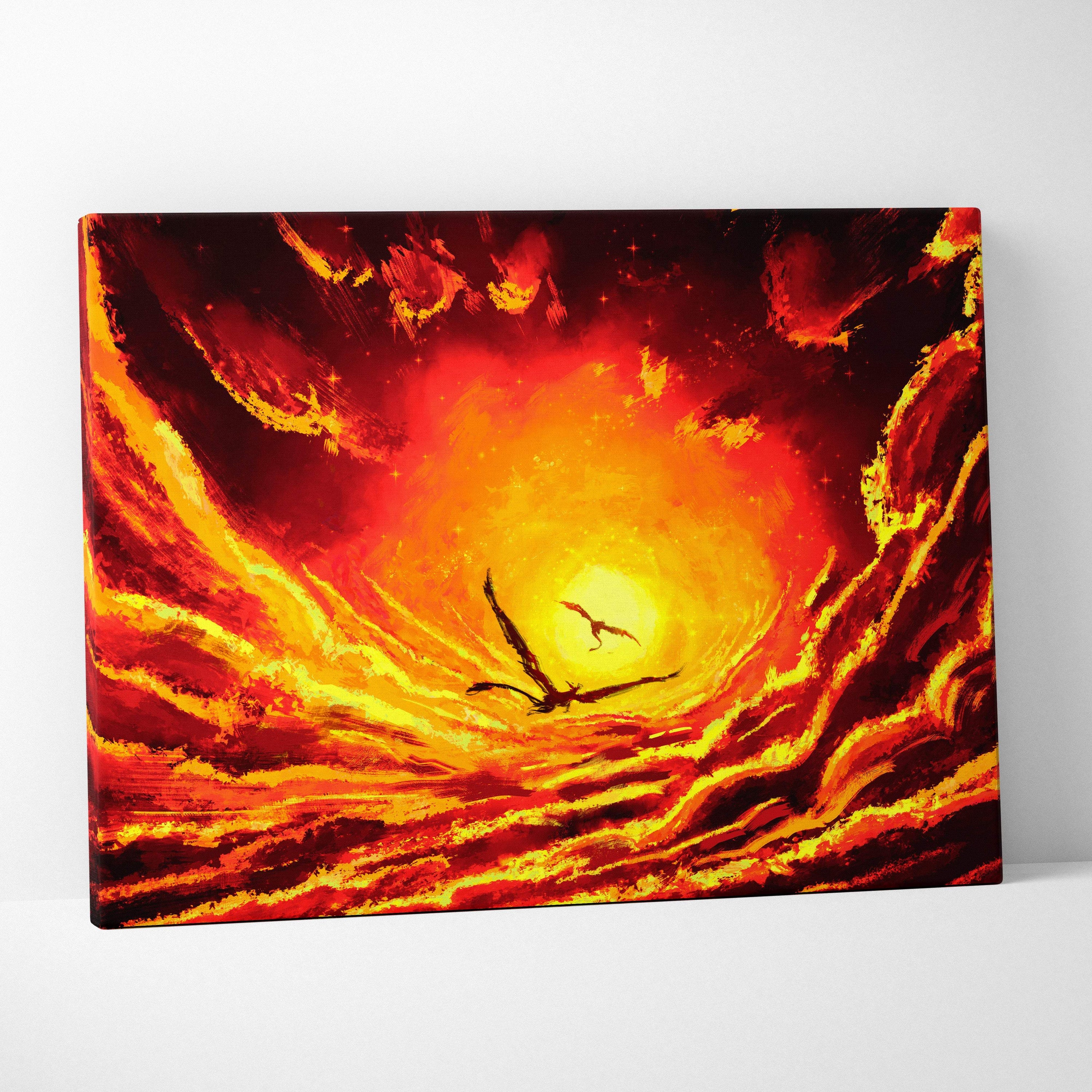 Fiery sunset sky canvas wall art with vibrant red and orange dragons soaring through a lava-filled sky