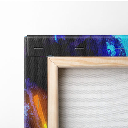 Light-colored wooden frame holding a vibrant blue purple and orange mystical bioluminescent waterfall canvas art painting