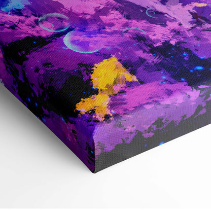Vibrant mystical bioluminescent waterfall canvas art with bold purple black yellow brushstrokes and blue circular accents