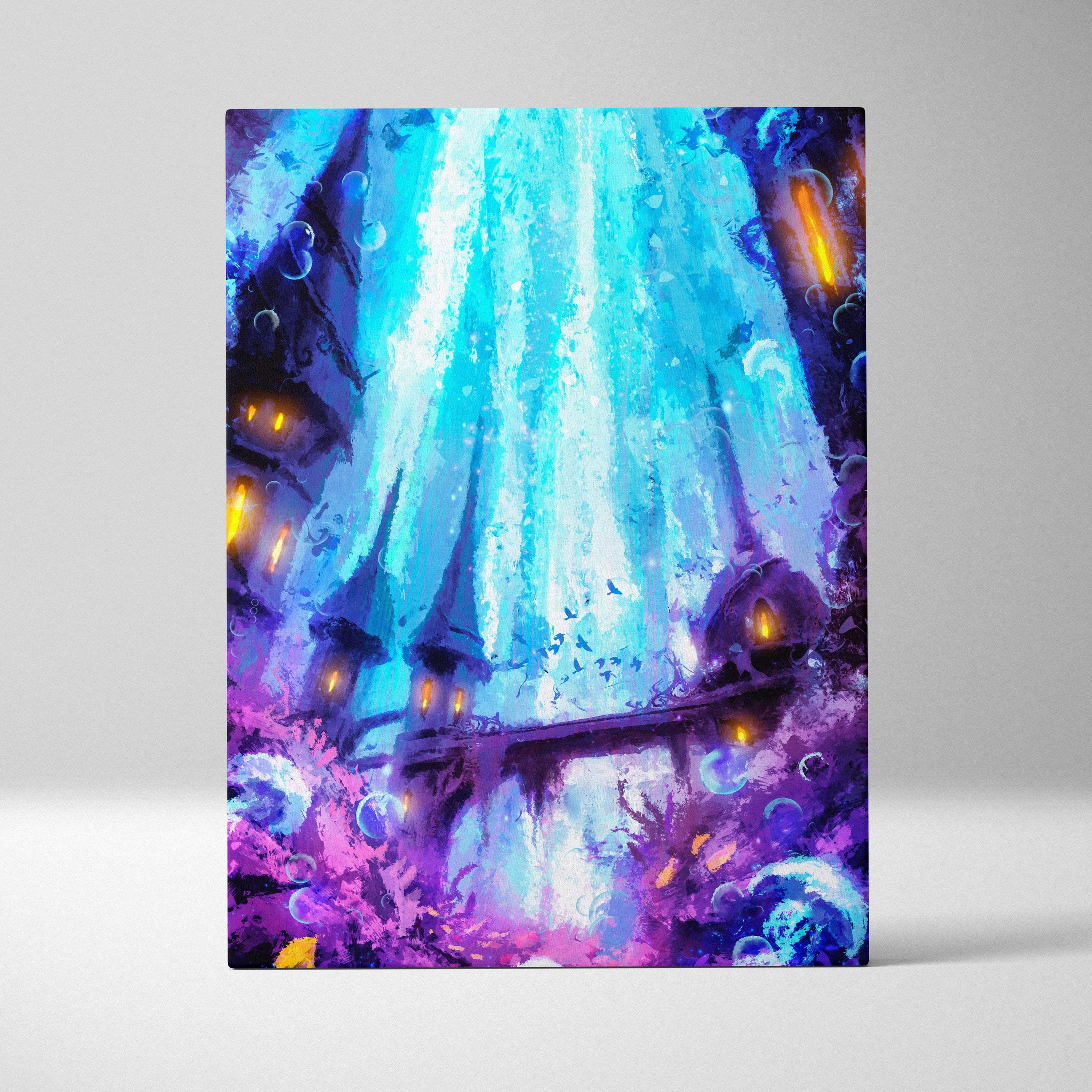 Vibrant fantasy canvas art featuring a glowing blue waterfall over an underwater city with purple and orange accents