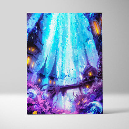 Vibrant fantasy canvas art featuring a glowing blue waterfall over an underwater city with purple and orange accents