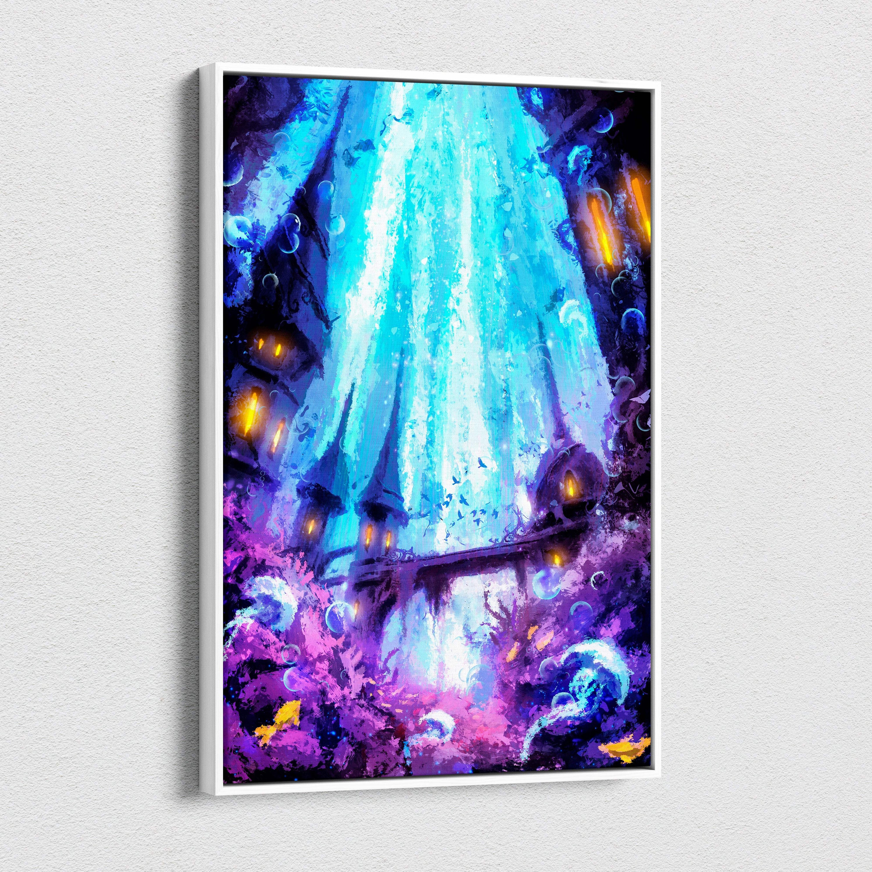 Vibrant mystical bioluminescent waterfall canvas art featuring glowing blue waterfall with purple coral and orange lanterns
