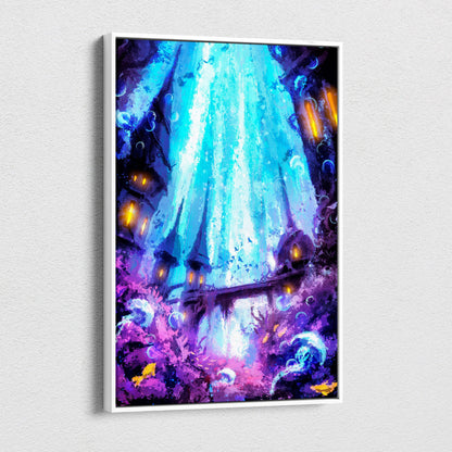 Vibrant mystical bioluminescent waterfall canvas art featuring glowing blue waterfall with purple coral and orange lanterns