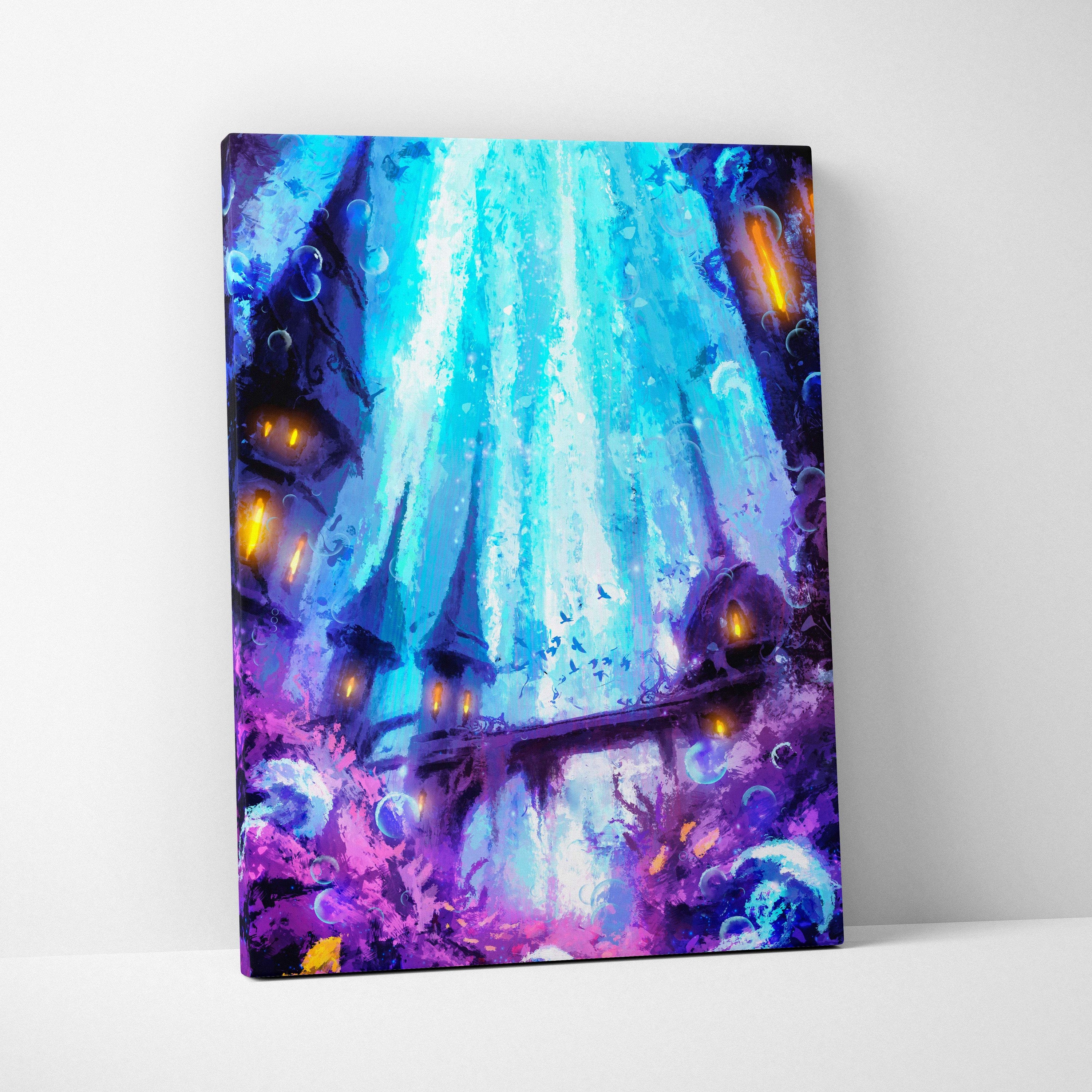 Vibrant canvas art showing a glowing blue waterfall over an underwater city with purple and orange accents