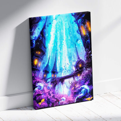 Vibrant canvas art of glowing blue waterfall cascading through an underwater cityscape with purple and orange accents