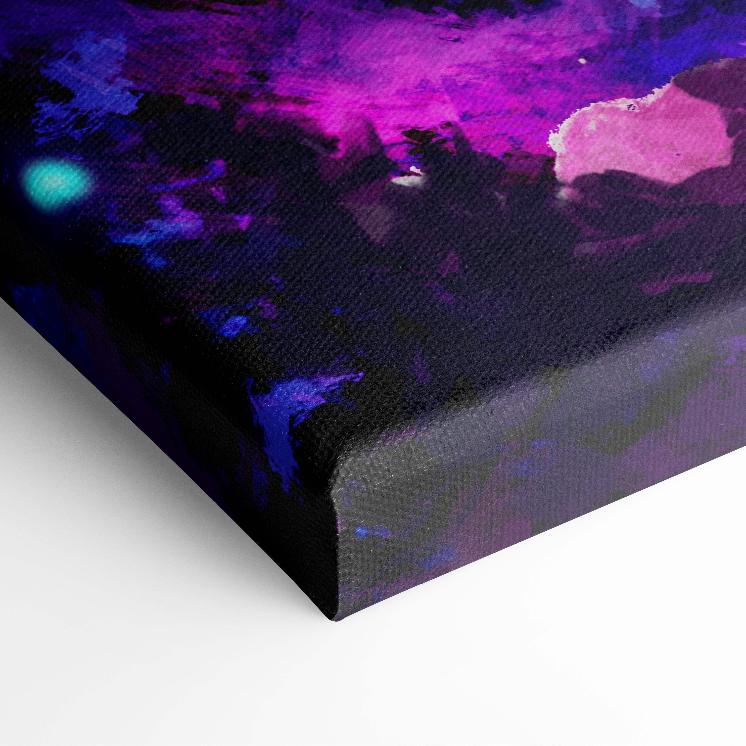 A vibrant abstract canvas painting with swirling purples blues teal on textured black for mystical blue dragon forest wall art