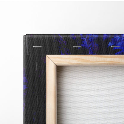Mystical blue dragon forest canvas wall art with vibrant blue and black abstract design framed by light wood border