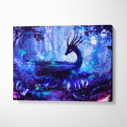 Vibrant canvas print of a mystical black dragon with glowing blue eyes in an enchanted purple forest backdrop