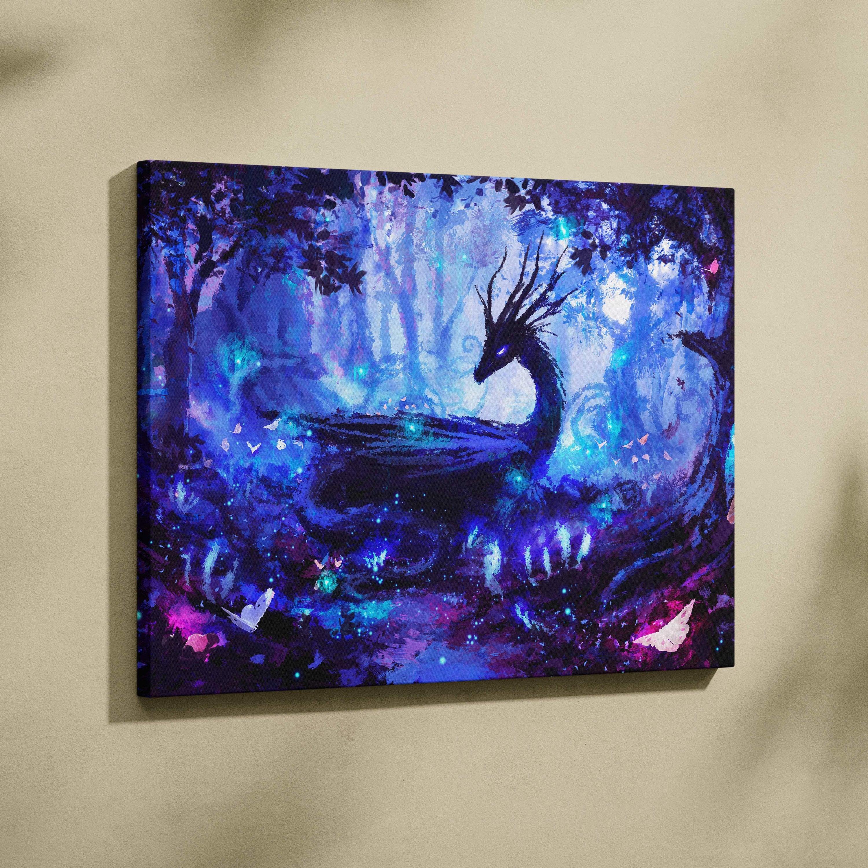 A vibrant canvas print of a mystical black dragon with glowing blue and purple accents in an enchanted forest