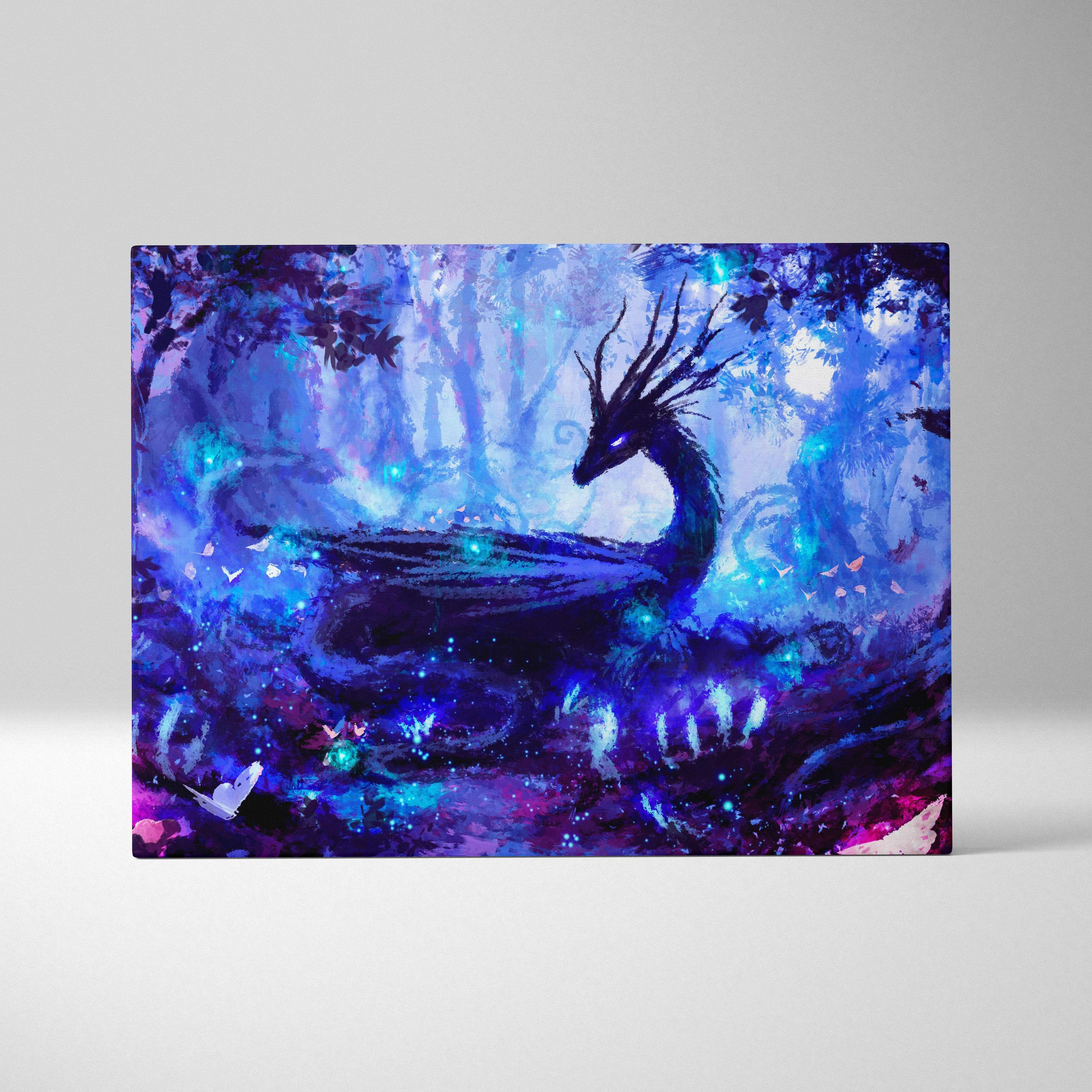 A rectangular canvas print featuring a mystical black dragon with glowing blue eyes in an enchanted purple forest background