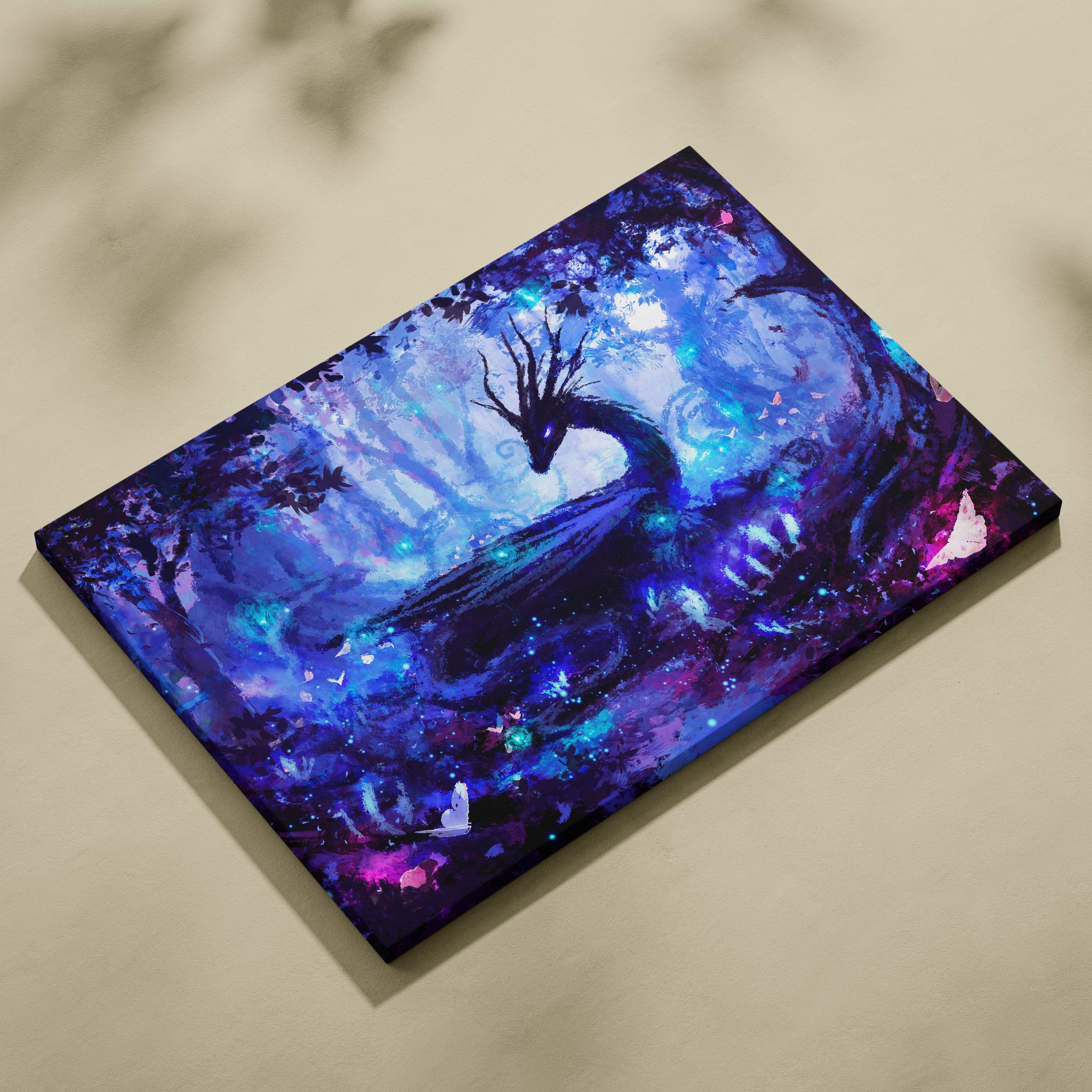 A rectangular canvas print of a mystical blue dragon in deep purples teal amidst glowing enchanted night forest foliage