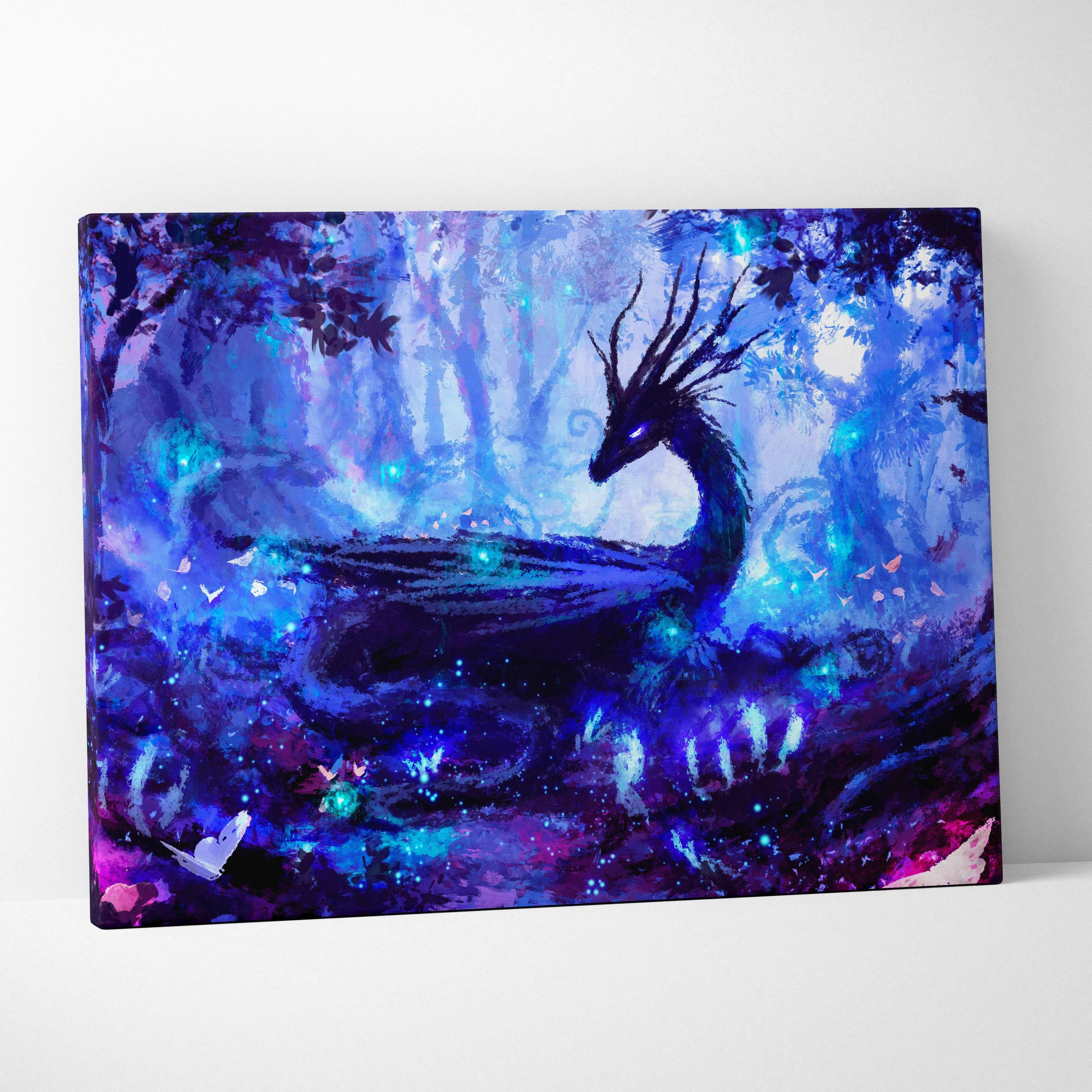Mystical blue dragon forest canvas wall art featuring a vibrant blue and purple dragon with glowing particles and butterflies
