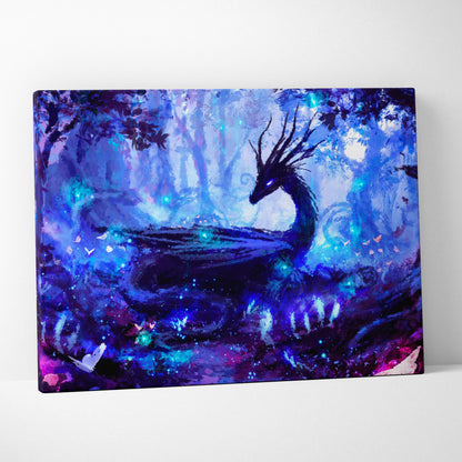 Mystical blue dragon forest canvas wall art featuring a vibrant blue and purple dragon with glowing particles and butterflies