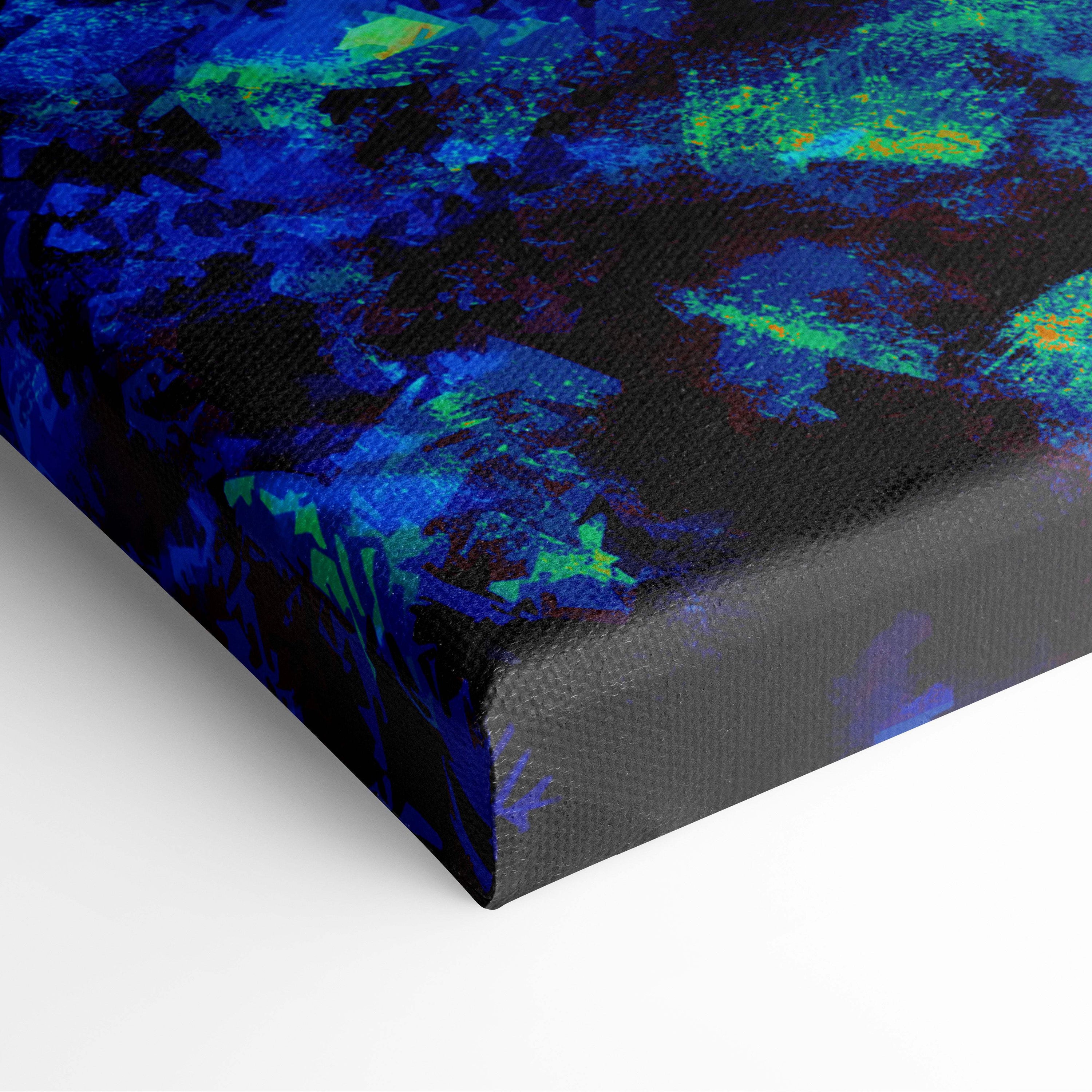 Underwater goddess canvas wall art with bold blue green black splashes on textured fabric for magical home decor