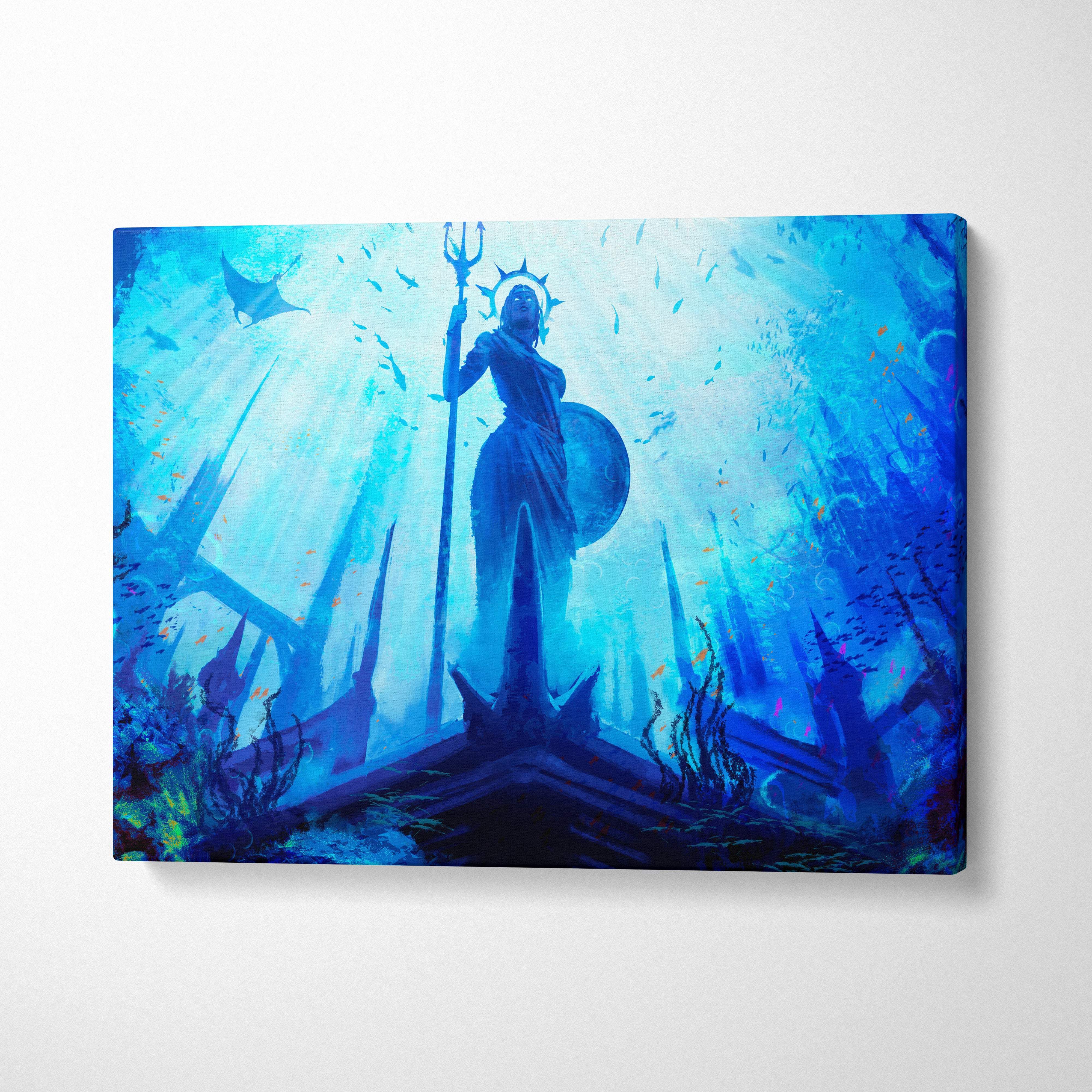 Blue canvas print of underwater goddess holding trident and shield with ethereal aquatic light rays and sea scene