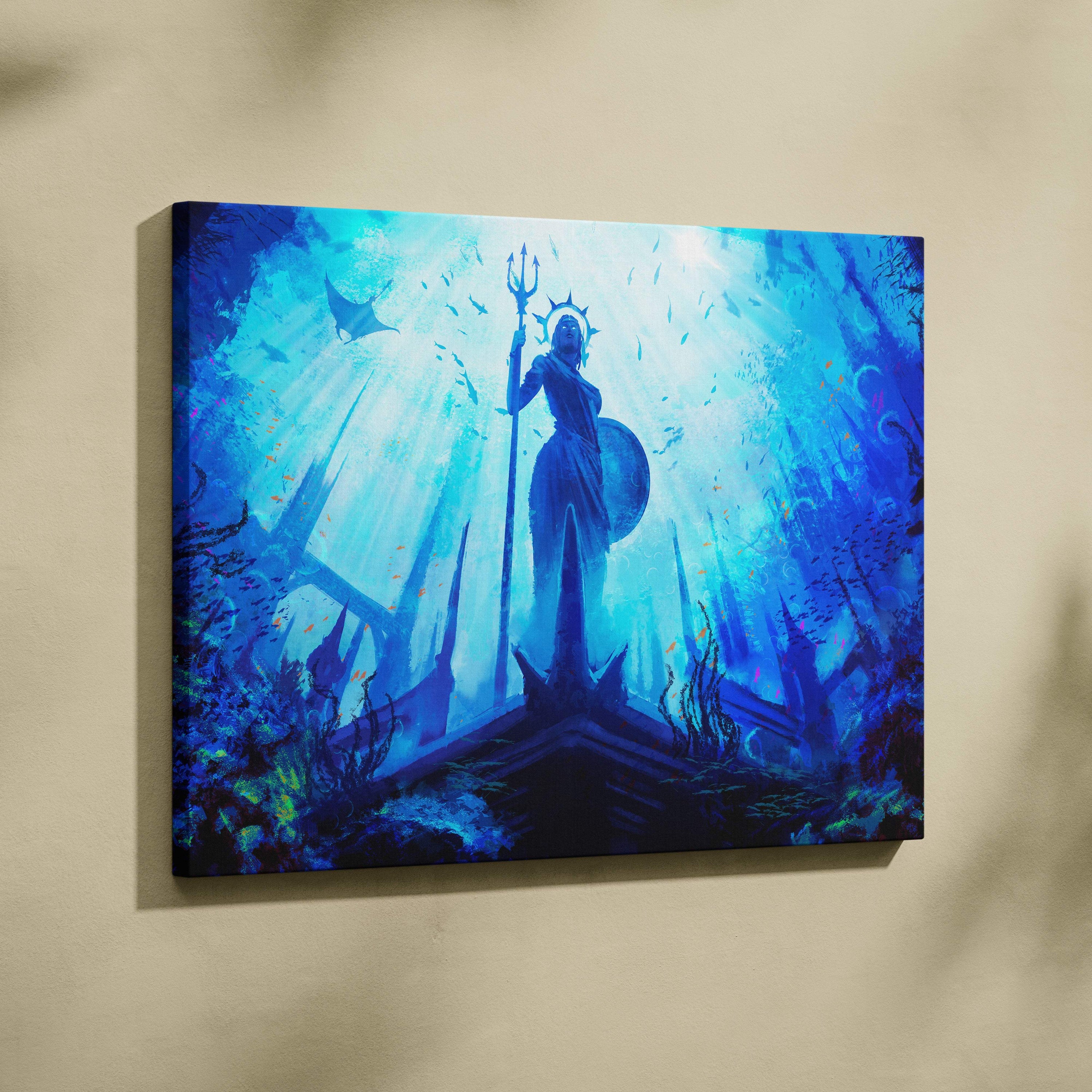 Blue canvas print of a mythological sea goddess with trident and shield surrounded by underwater ruins and marine life