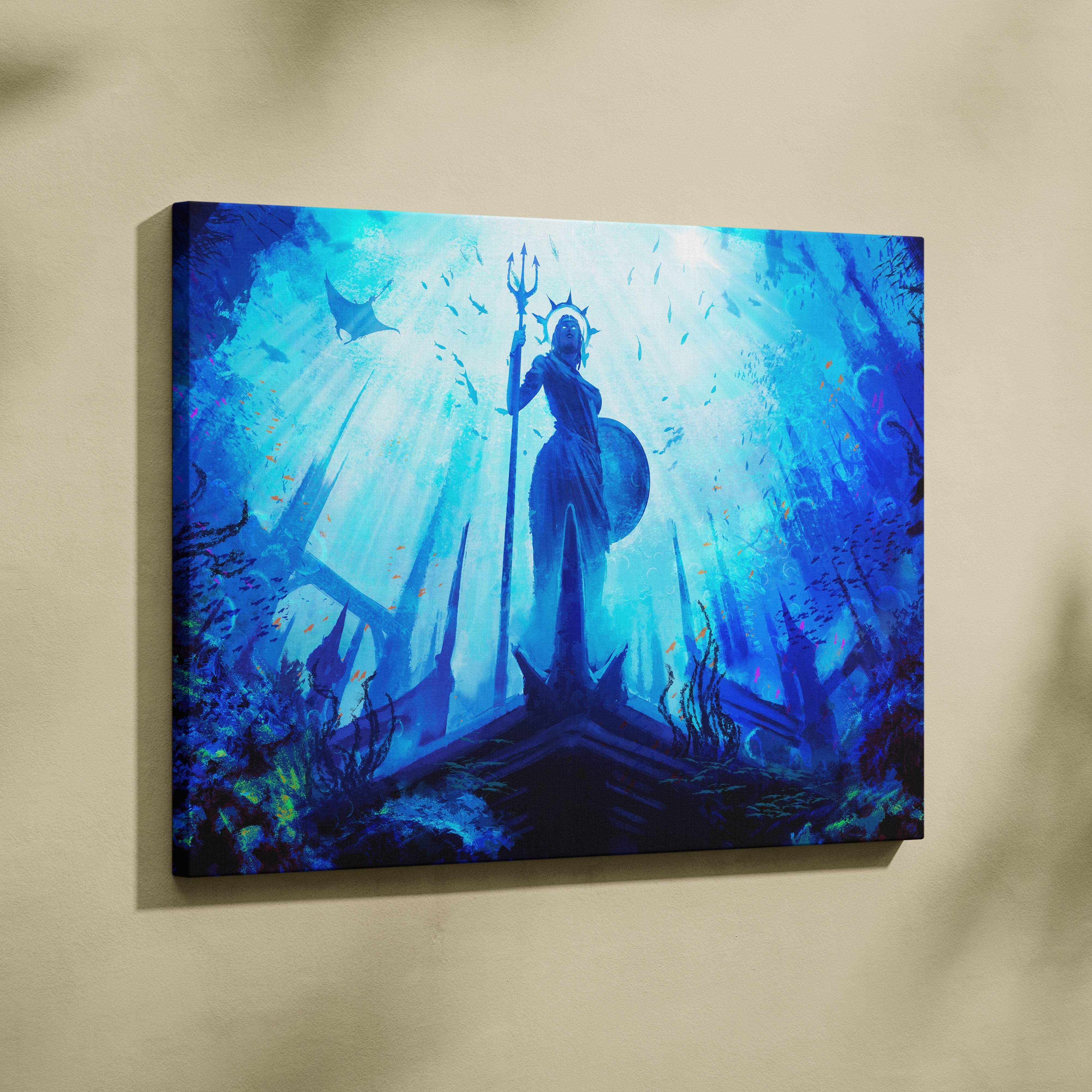 Blue canvas print of a mythological sea goddess with trident and shield surrounded by underwater ruins and marine life