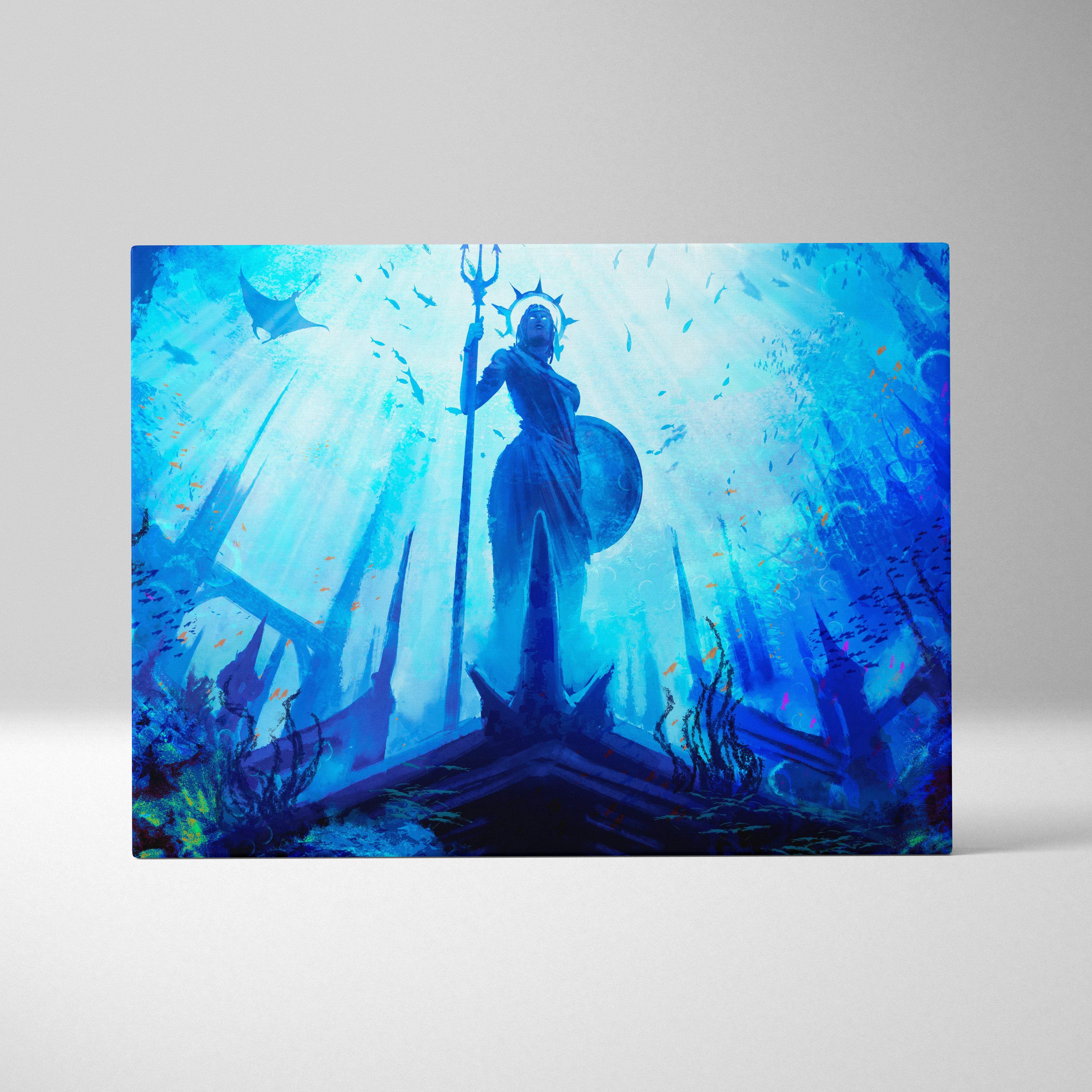 Blue underwater-themed canvas wall art featuring a figure with trident and shield amidst light rays and marine life