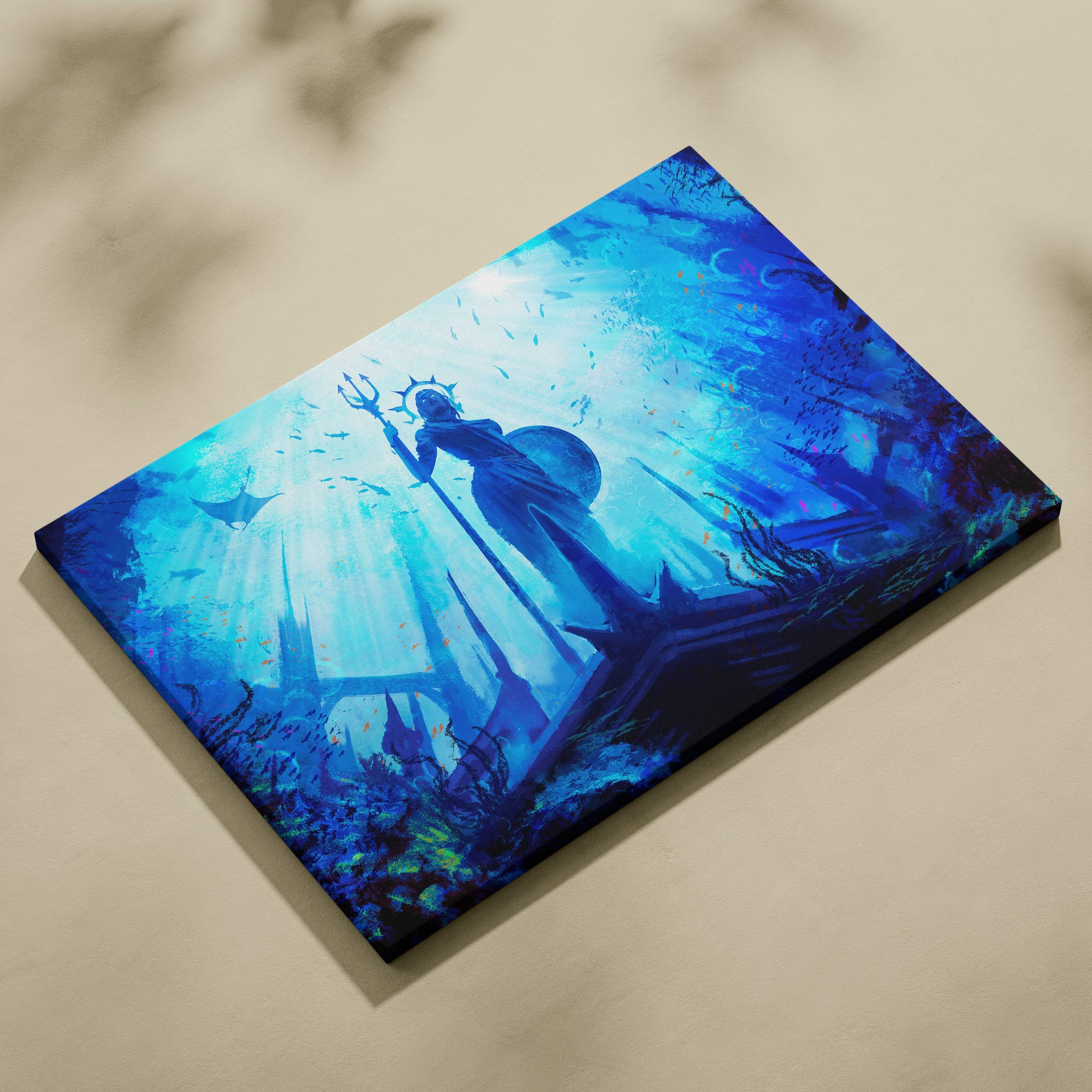 Blue canvas print of a mythological underwater goddess holding a trident with ethereal aquatic light rays