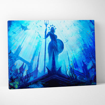Blue canvas print of underwater goddess with trident and shield surrounded by marine life in ethereal ocean scene