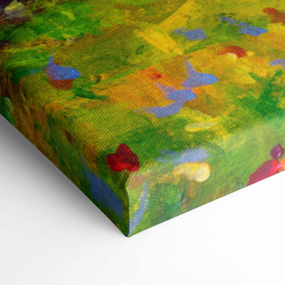 Vibrant impressionist canvas print of golden sunrise over rustic cabin with bold green yellow blue red strokes on textured fabric