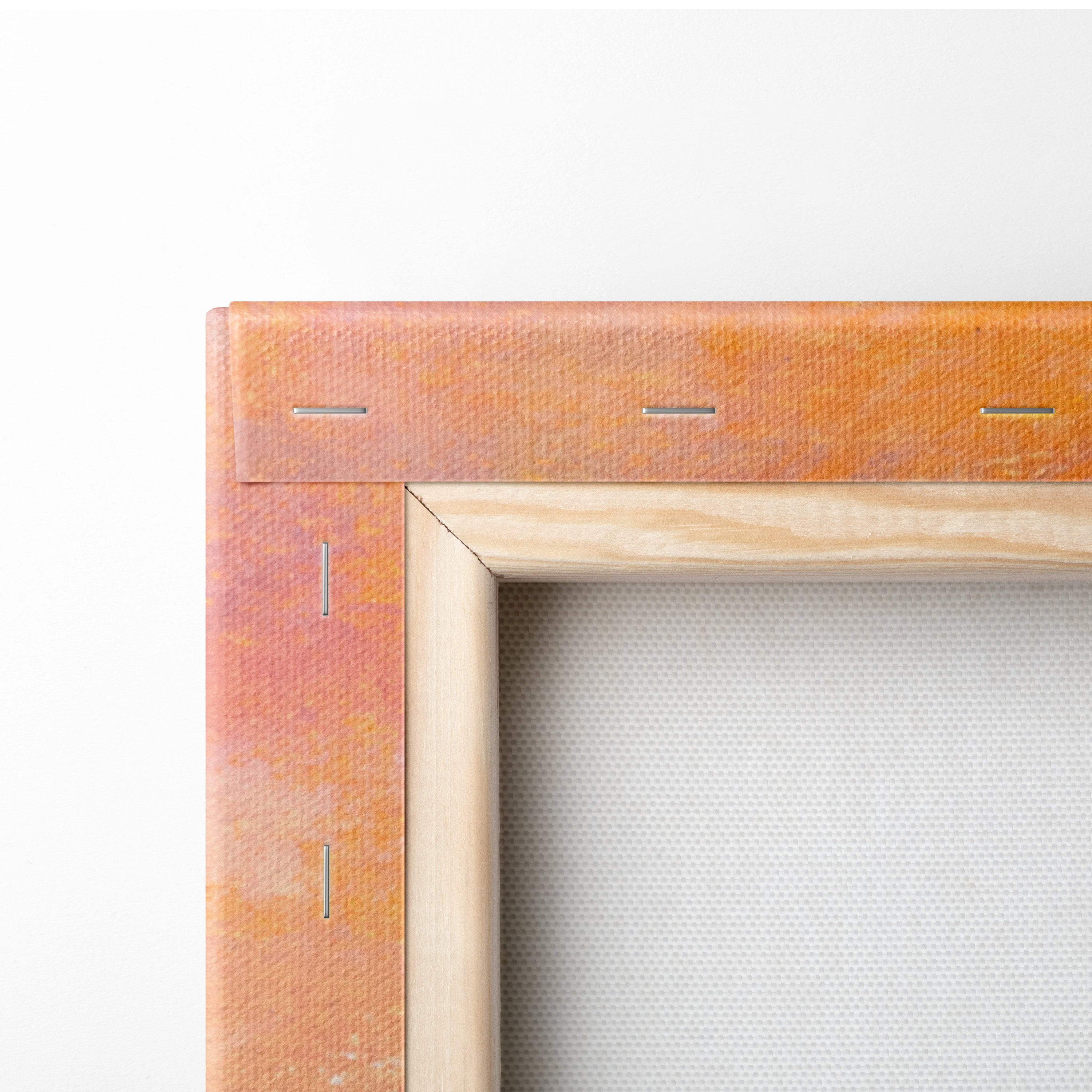A rustic wooden canvas frame with warm orange brown textured border and visible stitching for countryside wall art