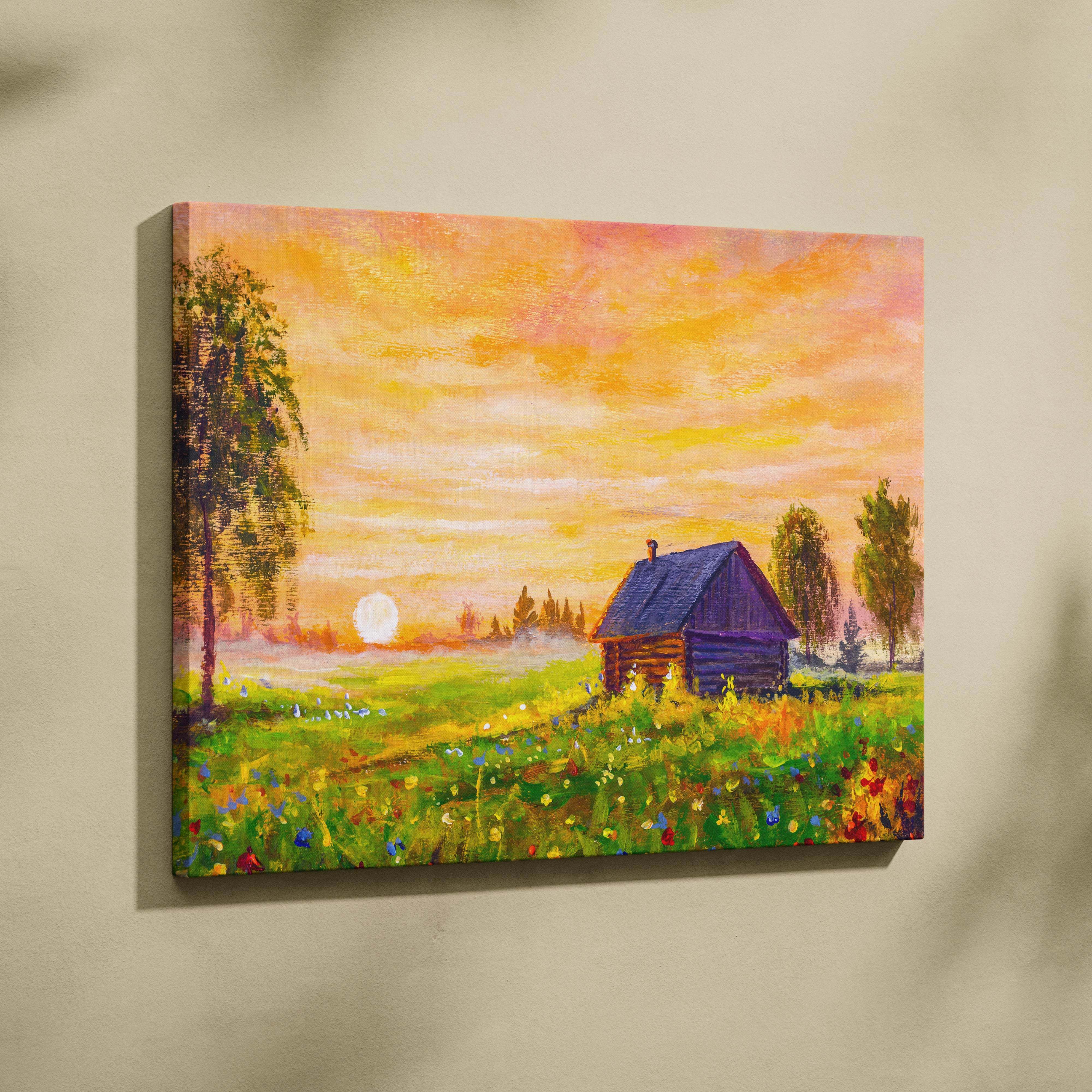 A vibrant canvas print of a rustic log cabin with a dark blue roof in a colorful wildflower meadow at sunset