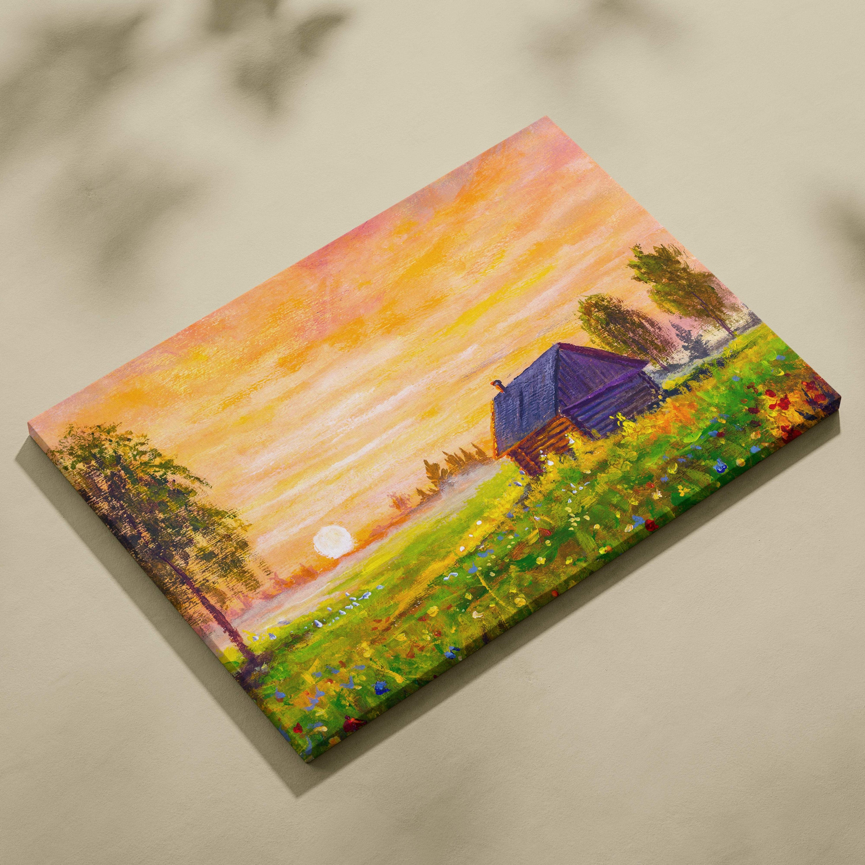 Vibrant canvas print of a rustic wooden cabin with purple roof in a wildflower field under warm sunset sky