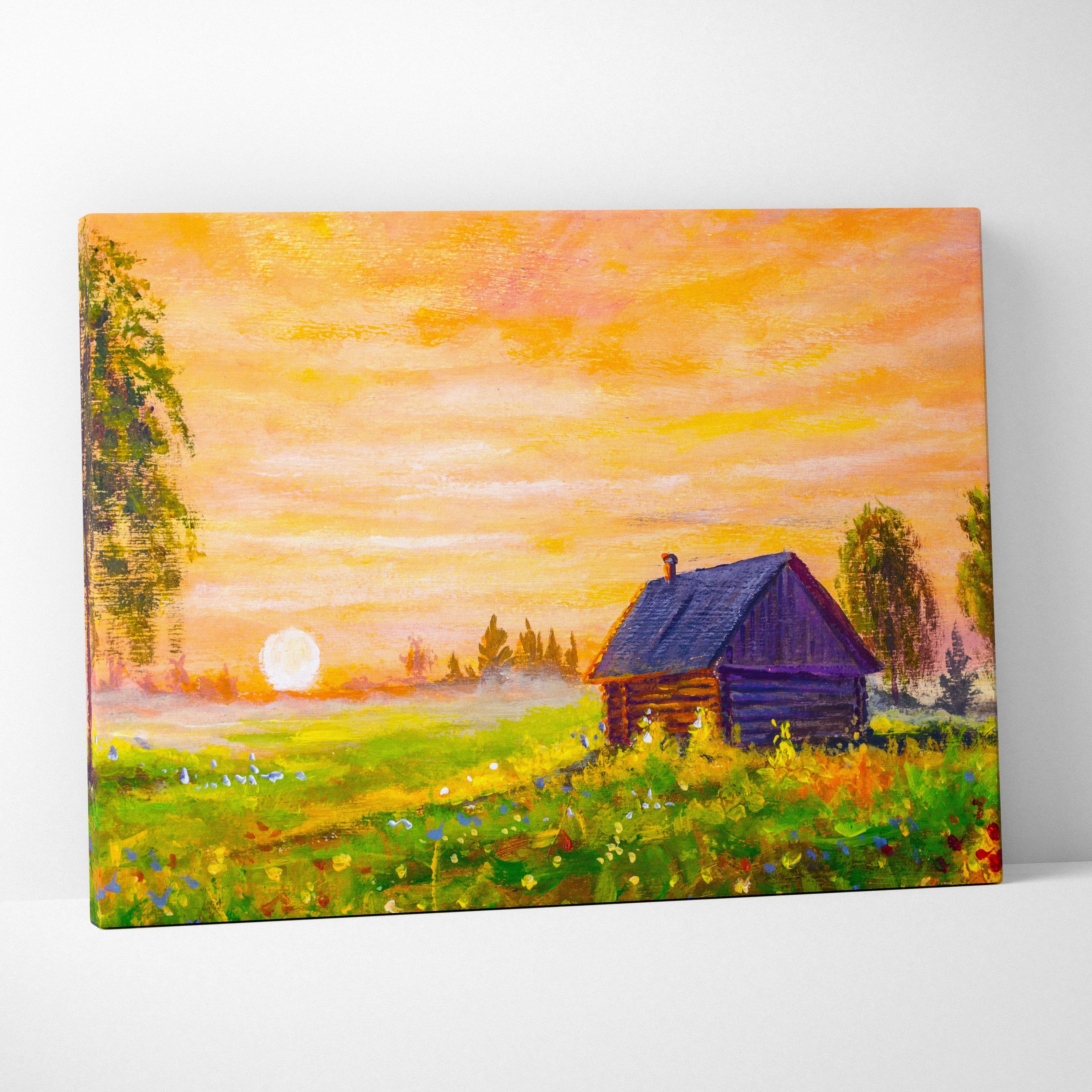 Golden sunrise over rustic cabin painting style wall art depicting a wooden cabin with dark blue roof in wildflower meadow