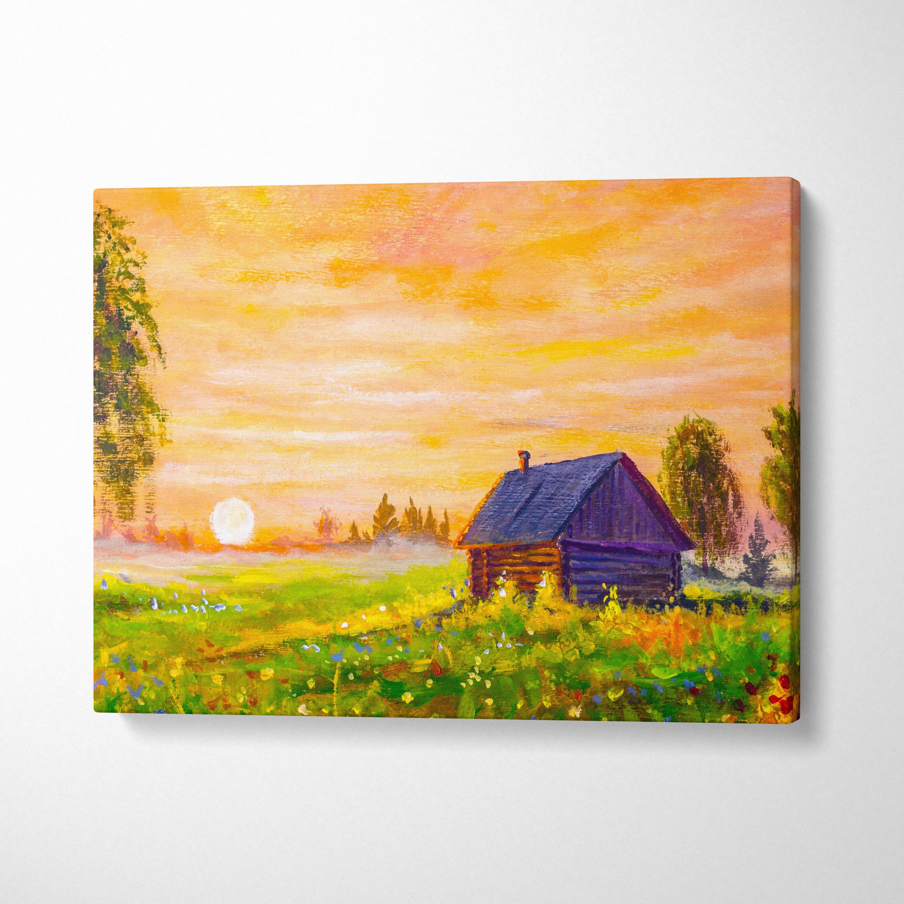 A vibrant canvas print of a rustic wooden cabin in a wildflower meadow under a golden sunrise sky wall art