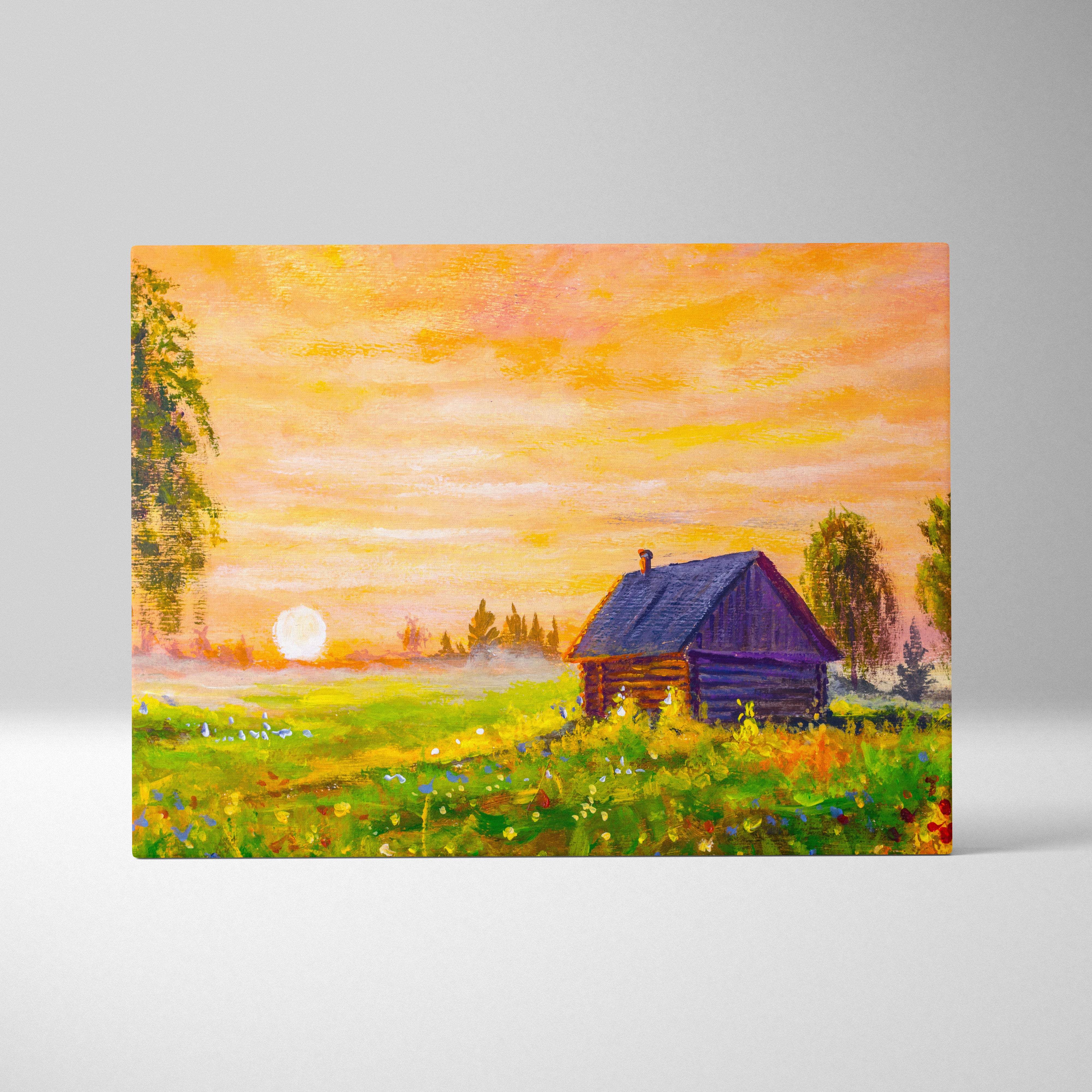 Golden sunrise over rustic cabin painting style wall art featuring a wooden cabin with blue roof in wildflower meadow