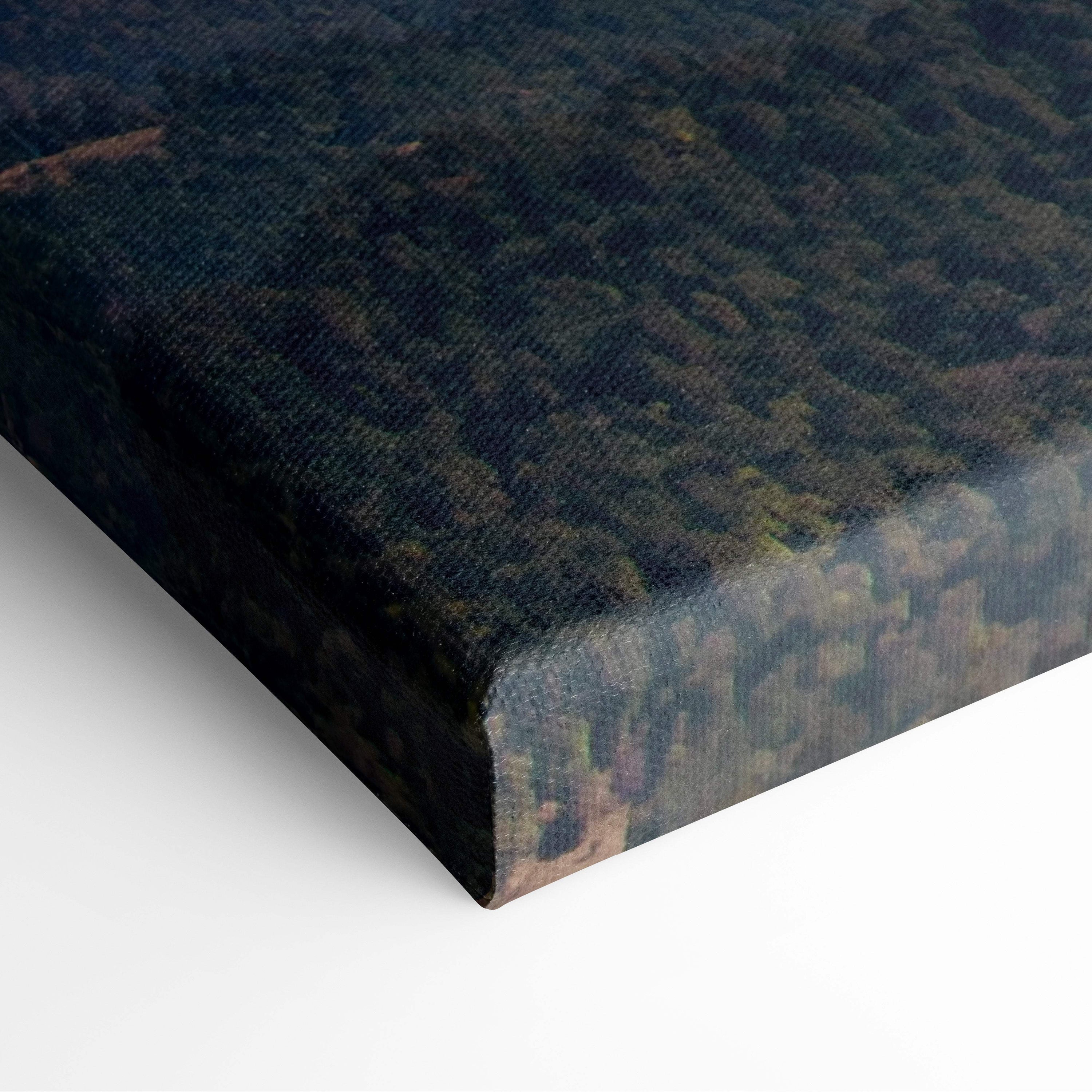 Black canvas print of dense forest with dark green and brown tones motivational mountain wall art decor