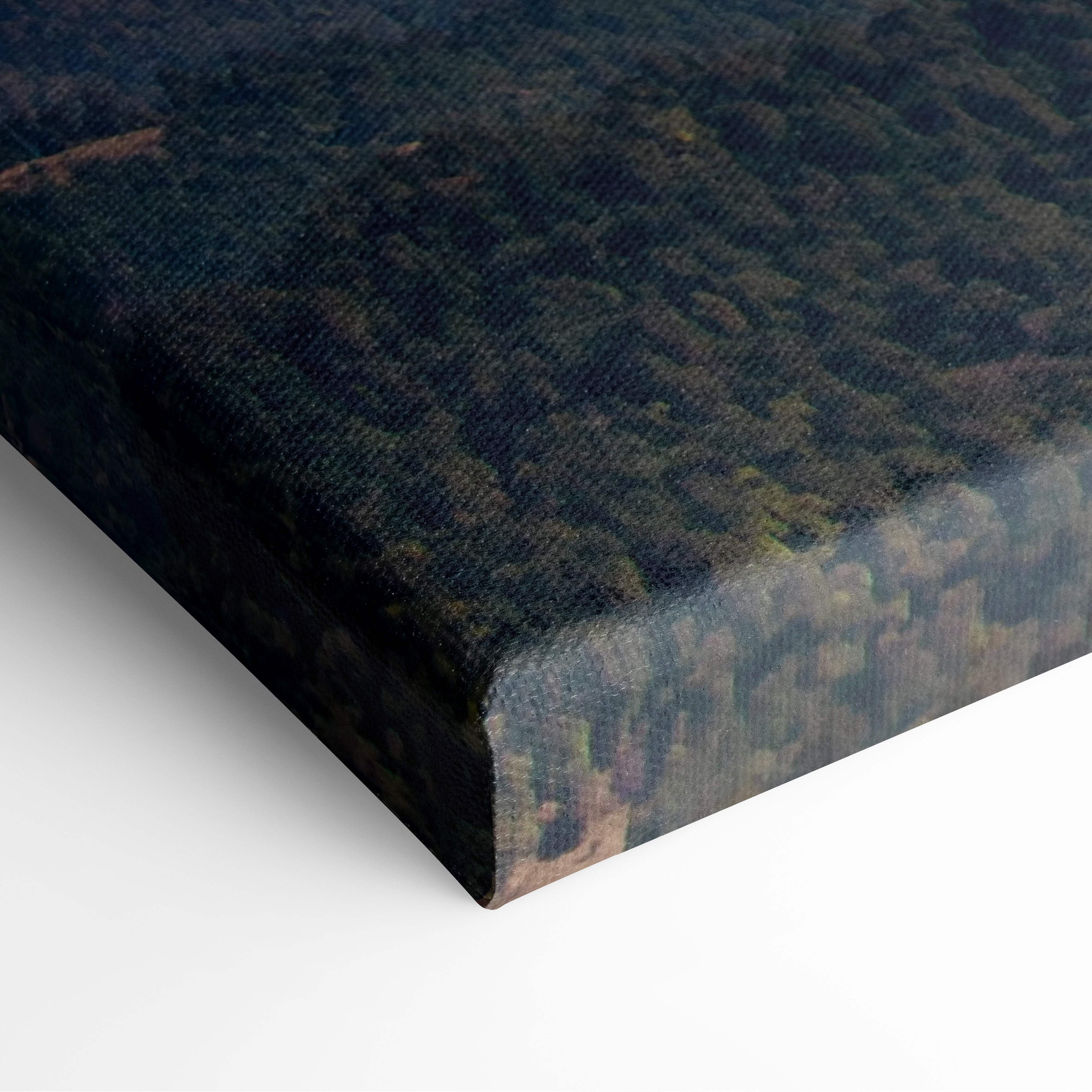 Black canvas print of dense forest with dark green and brown tones motivational mountain wall art decor