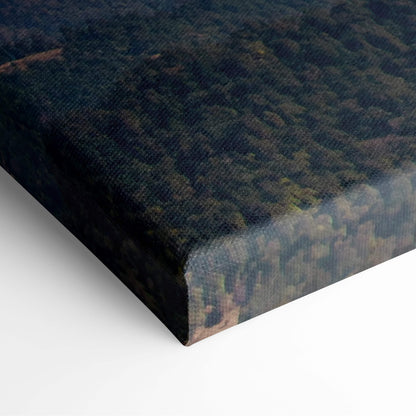 Black canvas print of dense forest with dark green and brown tones motivational mountain wall art decor
