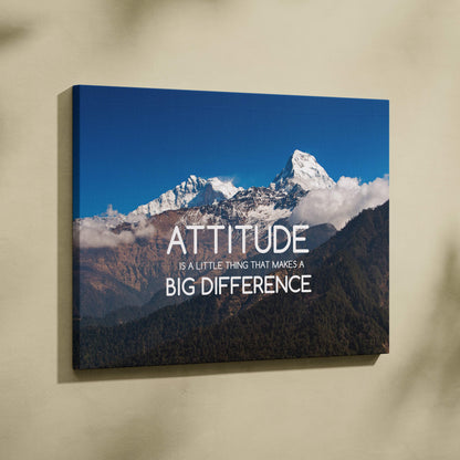 Motivational mountain canvas wall art with snow capped peaks under blue sky and bold white attitude quote print