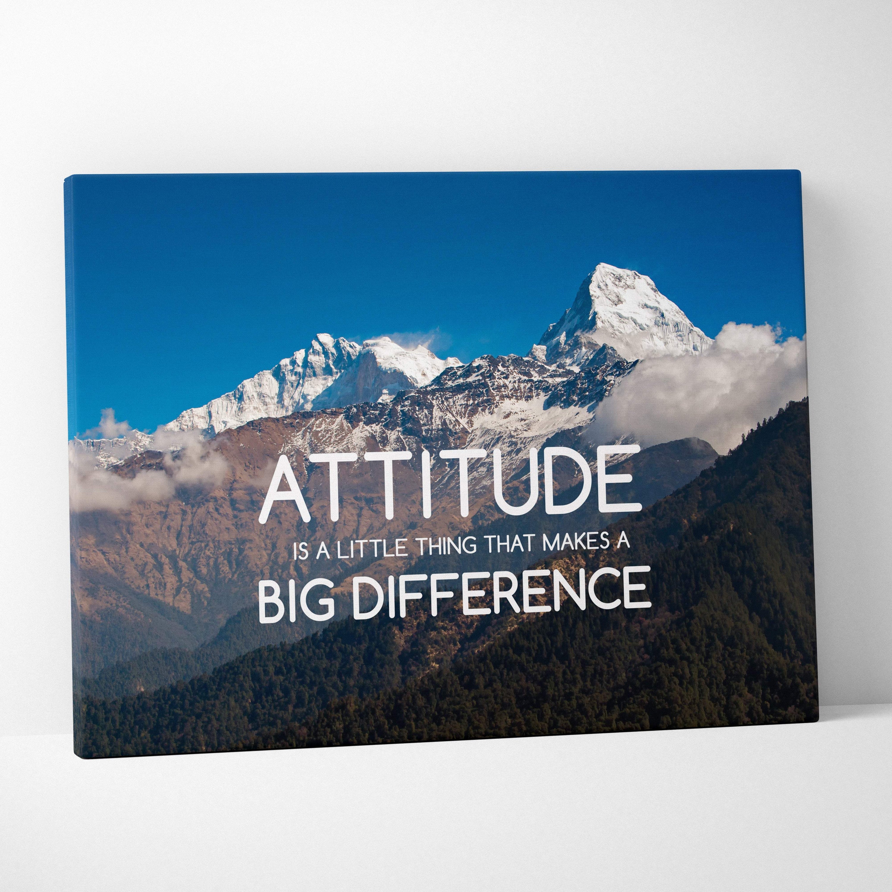 Blue canvas motivational mountain wall art with snow-capped peaks and inspirational attitude quote in white text