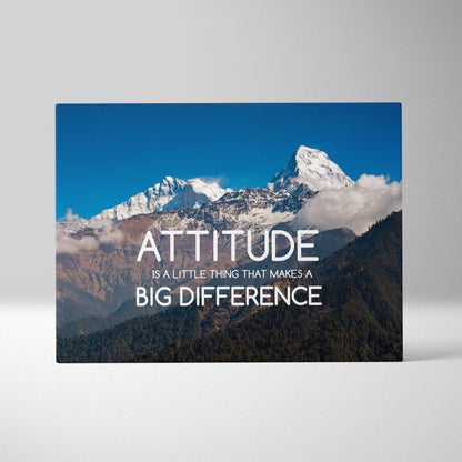 Rectangular canvas print of a blue nature landscape with snow-capped mountains and an inspirational attitude quote