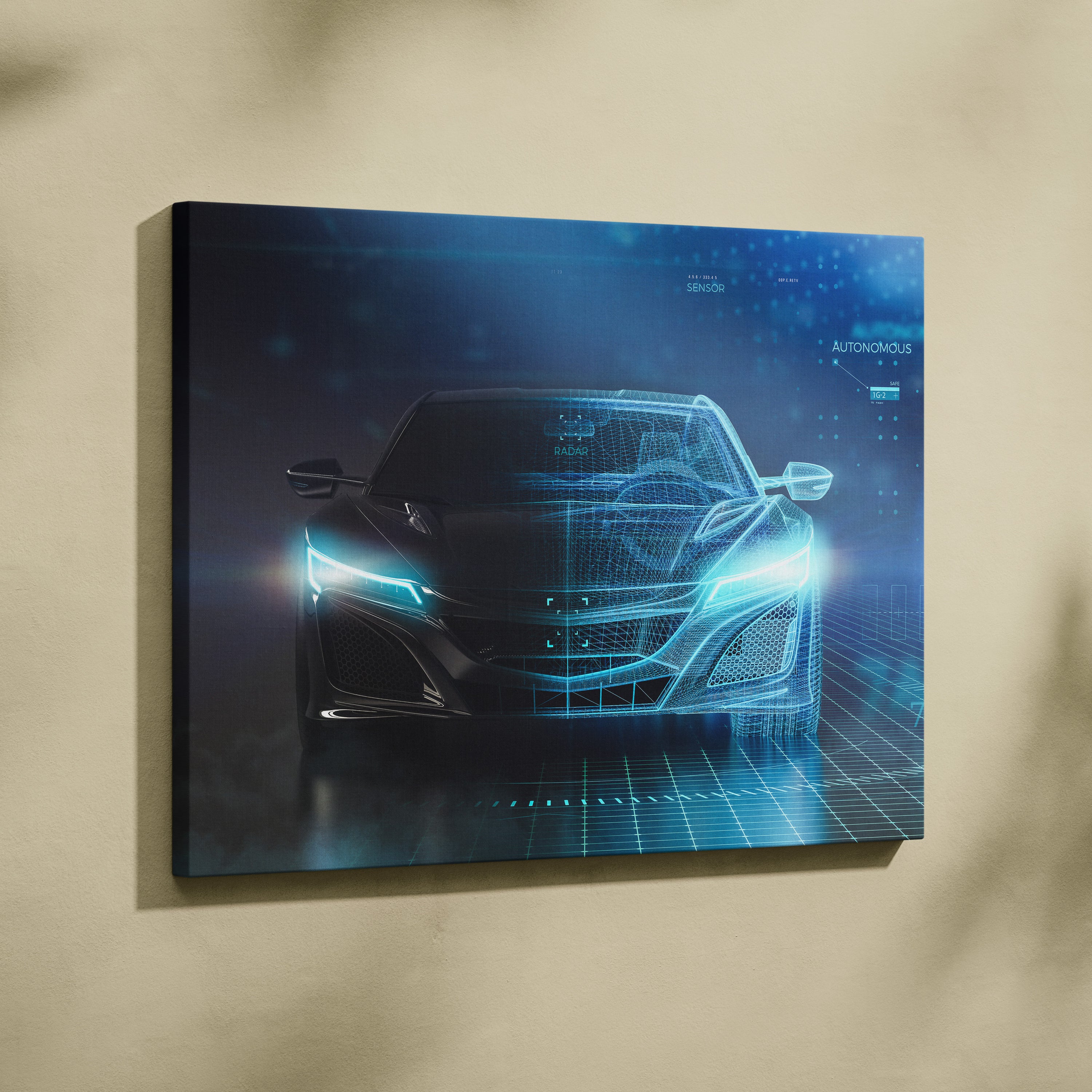 Blue digital wireframe canvas print of an Acura NSX autonomous car with glowing headlights for modern office decor