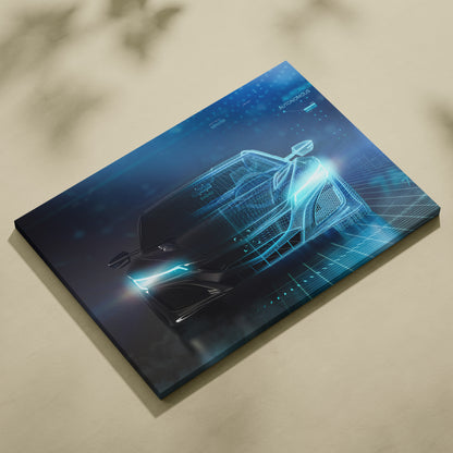 Blue digital wireframe canvas print of a futuristic sports car design for modern office or garage wall decor