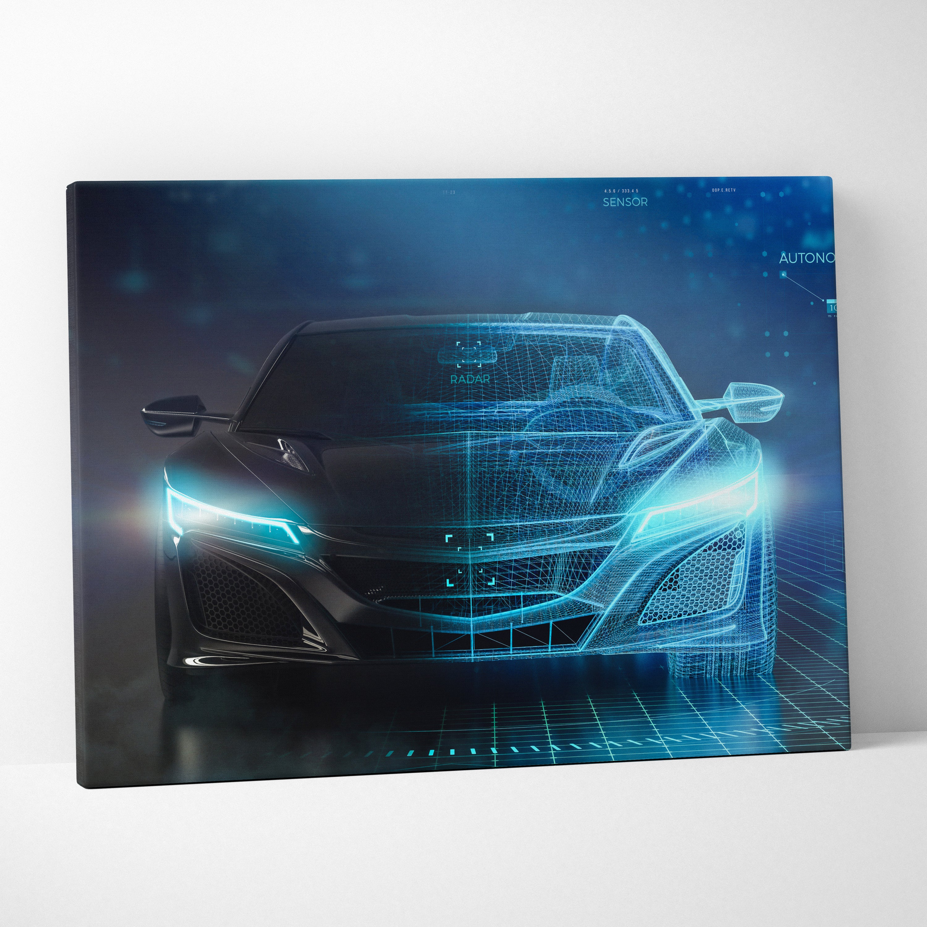 Blue holographic wireframe canvas print of futuristic Acura NSX sports car with glowing cyan digital design for modern spaces