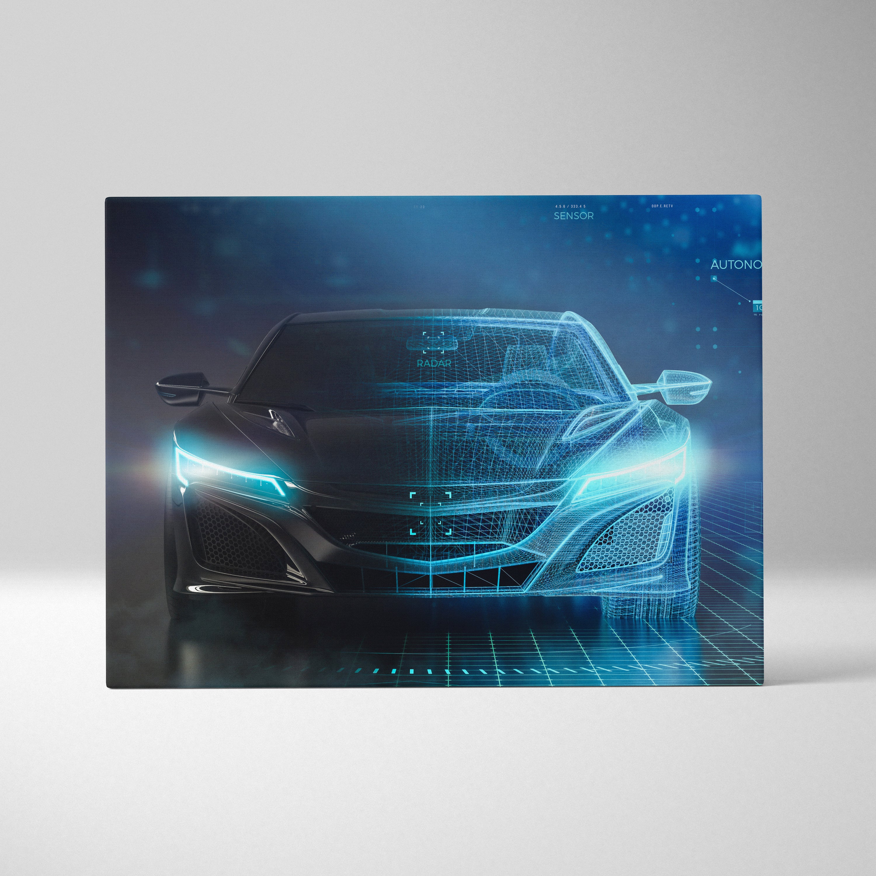 Futuristic sports car canvas wall art print featuring a sleek black acura nsx in glowing blue digital wireframe design