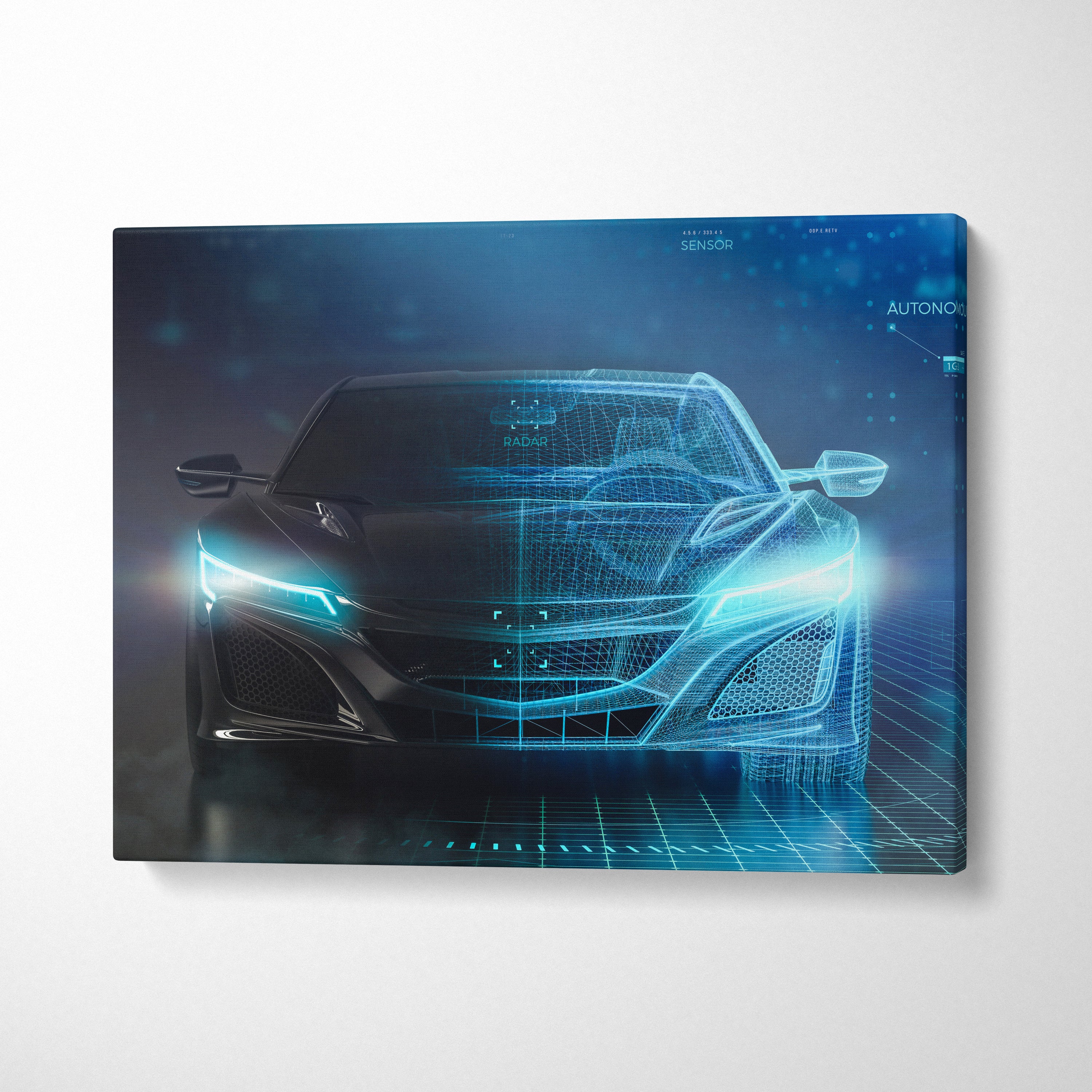 Futuristic sports car canvas wall art print featuring a blue high-tech acura nsx with glowing digital overlays