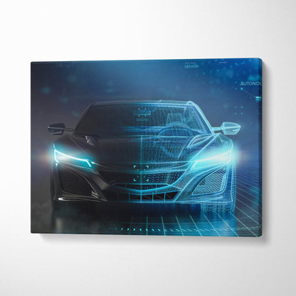 Futuristic sports car canvas wall art print featuring a blue high-tech acura nsx with glowing digital overlays