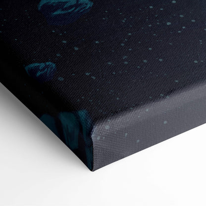 Black canvas print featuring a teal-blue cosmic design with nebulae and stars for futuristic bedroom decor