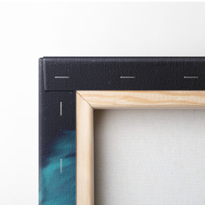 Light wooden frame with black canvas border and stitching for asteroid space station sci fi planet wall art print