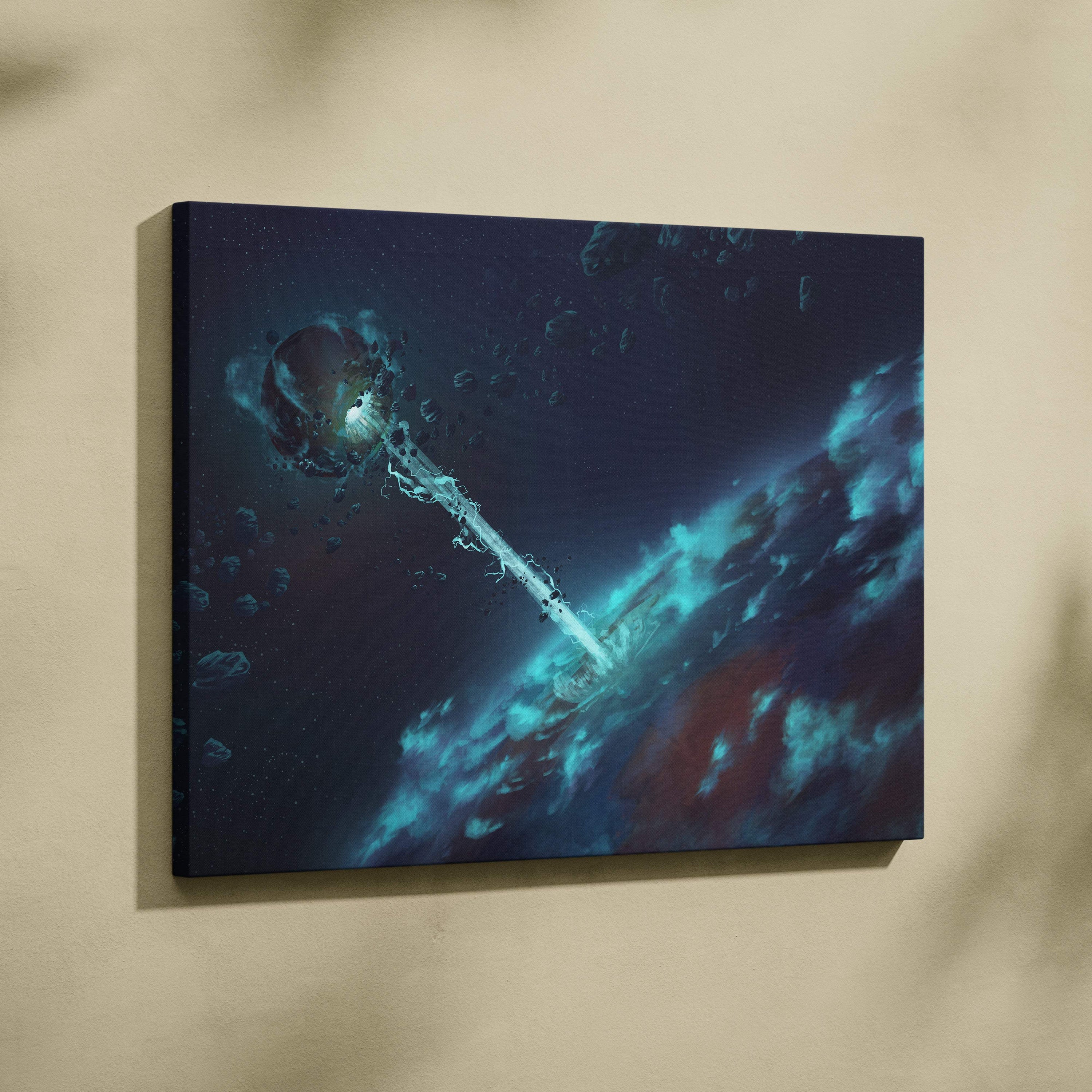 Rectangular canvas wall art print featuring glowing teal and blue nebulae asteroids and a radiant celestial object