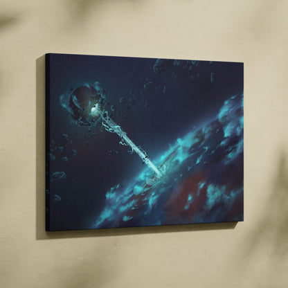 Rectangular canvas wall art print featuring glowing teal and blue nebulae asteroids and a radiant celestial object