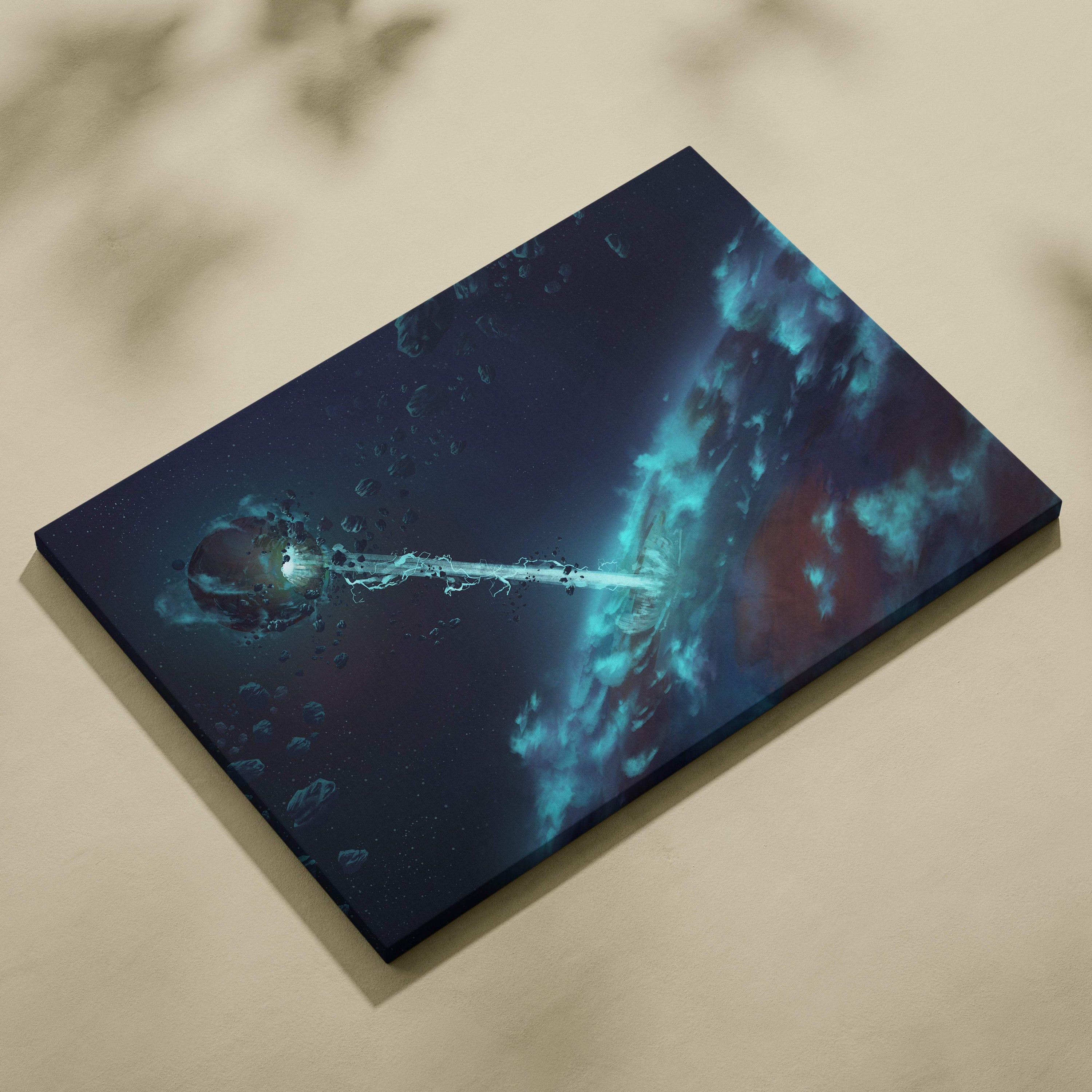 A rectangular canvas print featuring a teal and deep blue cosmic nebula for futuristic bedroom or gaming room decor