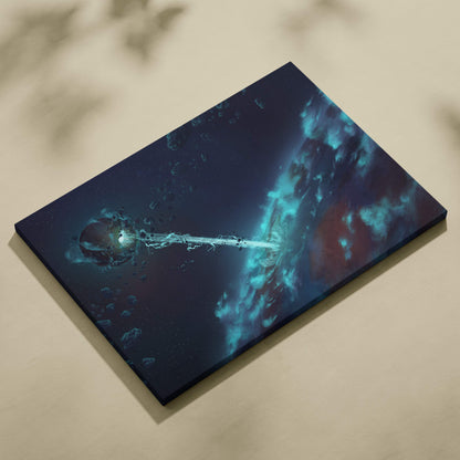 A rectangular canvas print featuring a teal and deep blue cosmic nebula for futuristic bedroom or gaming room decor